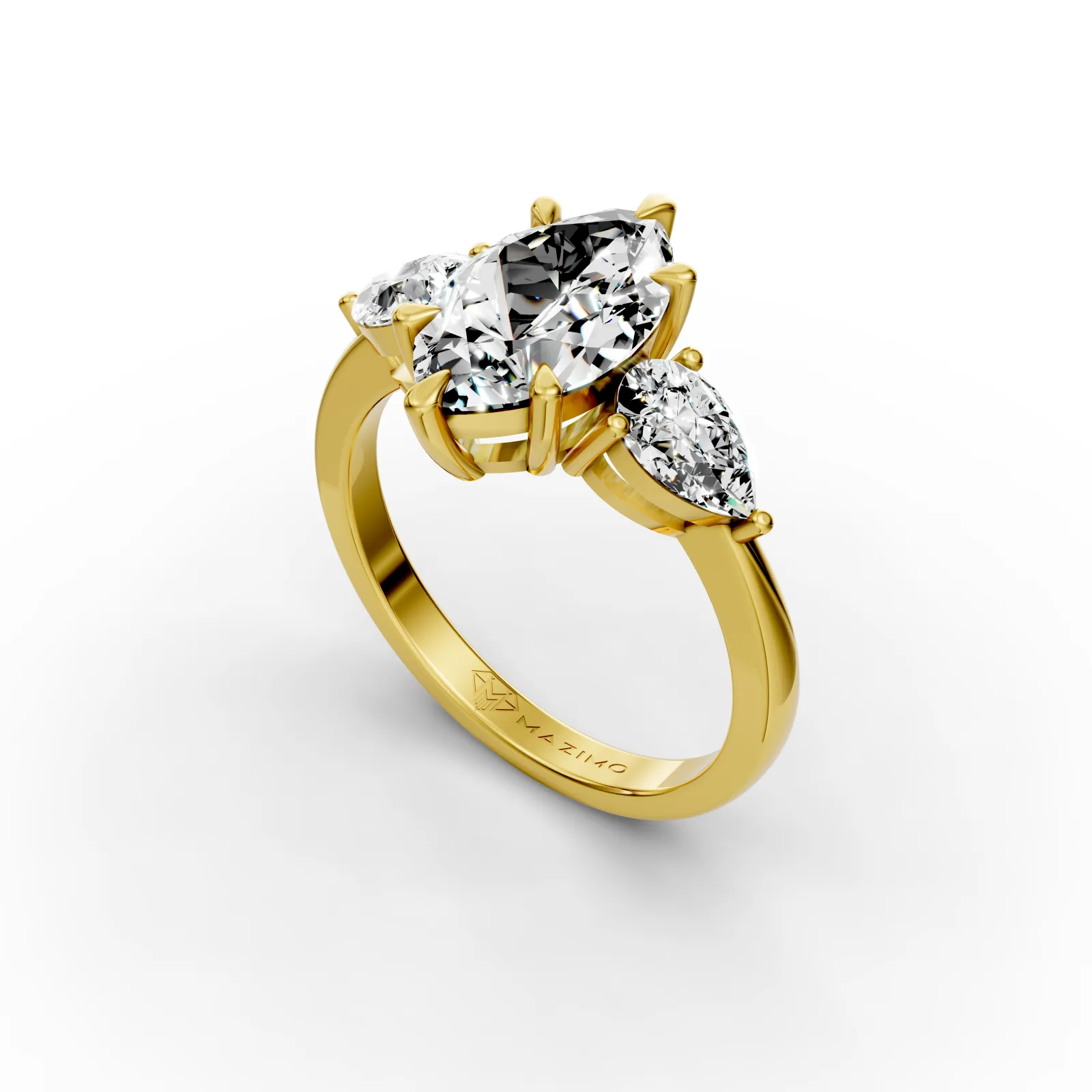 Marquise and Pear Three Stone Ring, 2 ct in 18K Yellow Gold, angled view