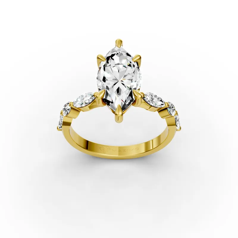 Marquise Shoulders Ring in 18K yellow gold: a long marquise diamond in six claws with small marquise diamonds along each shoulder