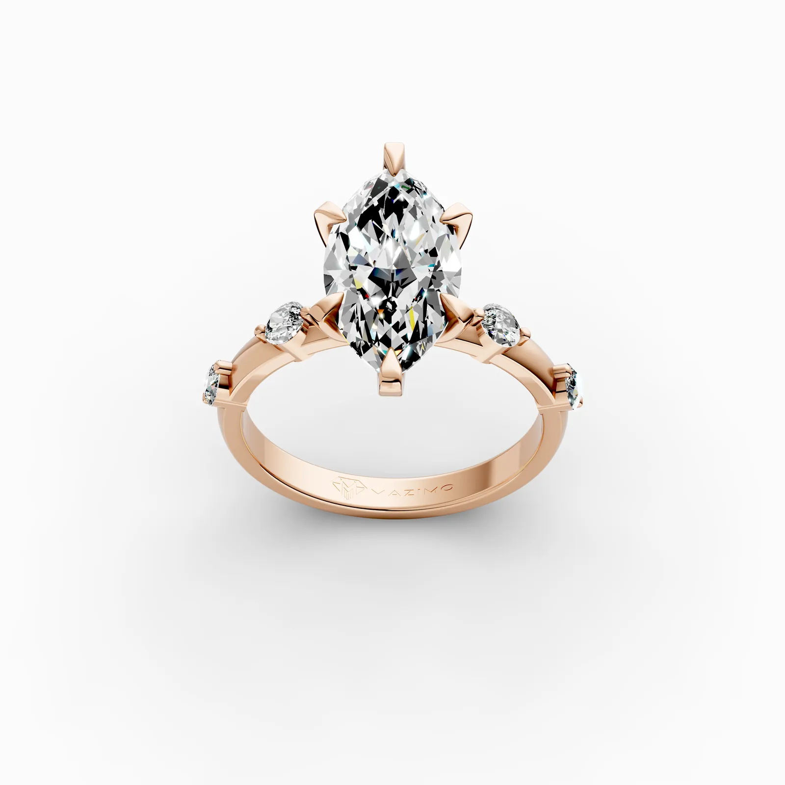 Marquise Side Stone Ring in 18K Rose Gold, 3 ct marquise diamond in six claws with round diamonds along the band, three-quarter view