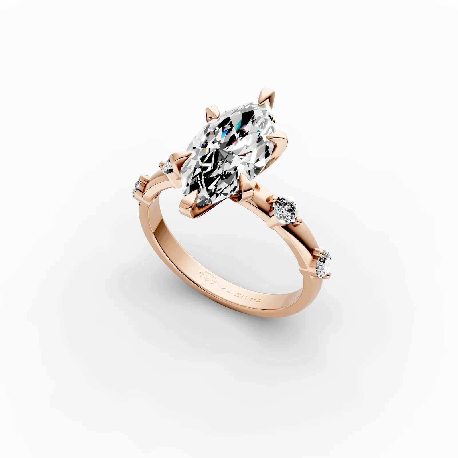 Marquise Side Stone Ring in 18K Rose Gold, 3 ct marquise diamond in six claws with round diamonds along the band, angled view