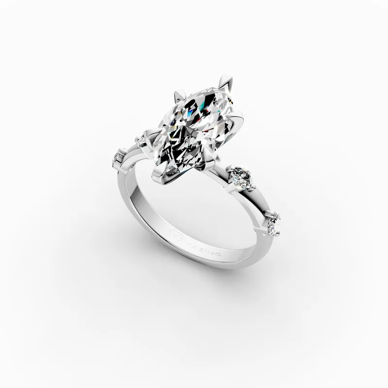 Marquise Side Stone Ring in 18K White Gold, 3 ct marquise diamond in six claws with round diamonds along the band, angled view