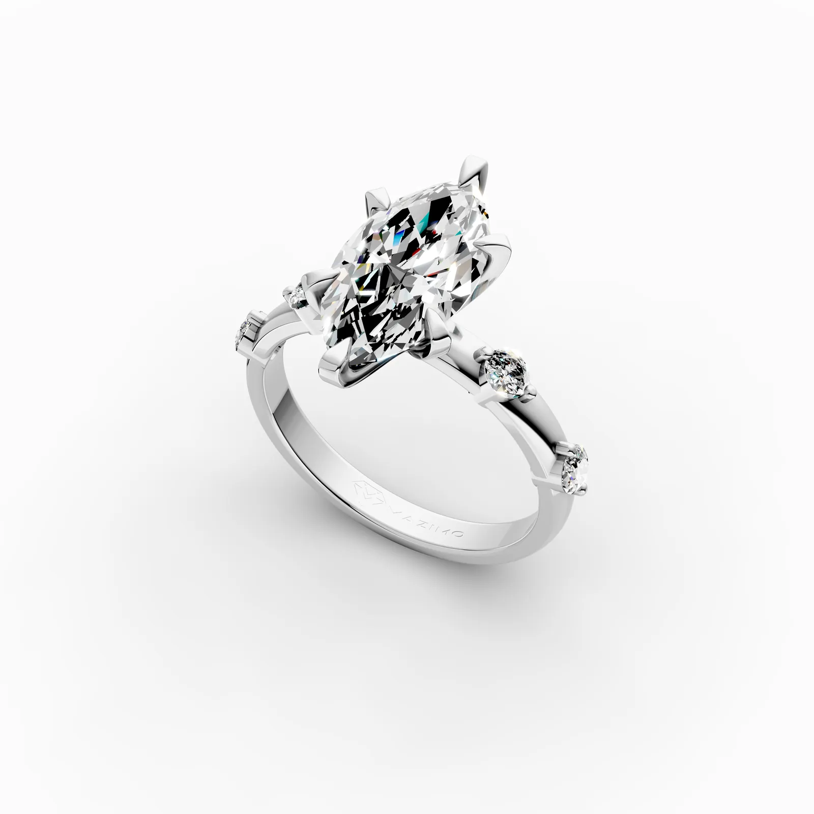 Marquise Side Stone Ring in 18K White Gold, 3 ct marquise diamond in six claws with round diamonds along the band, angled view