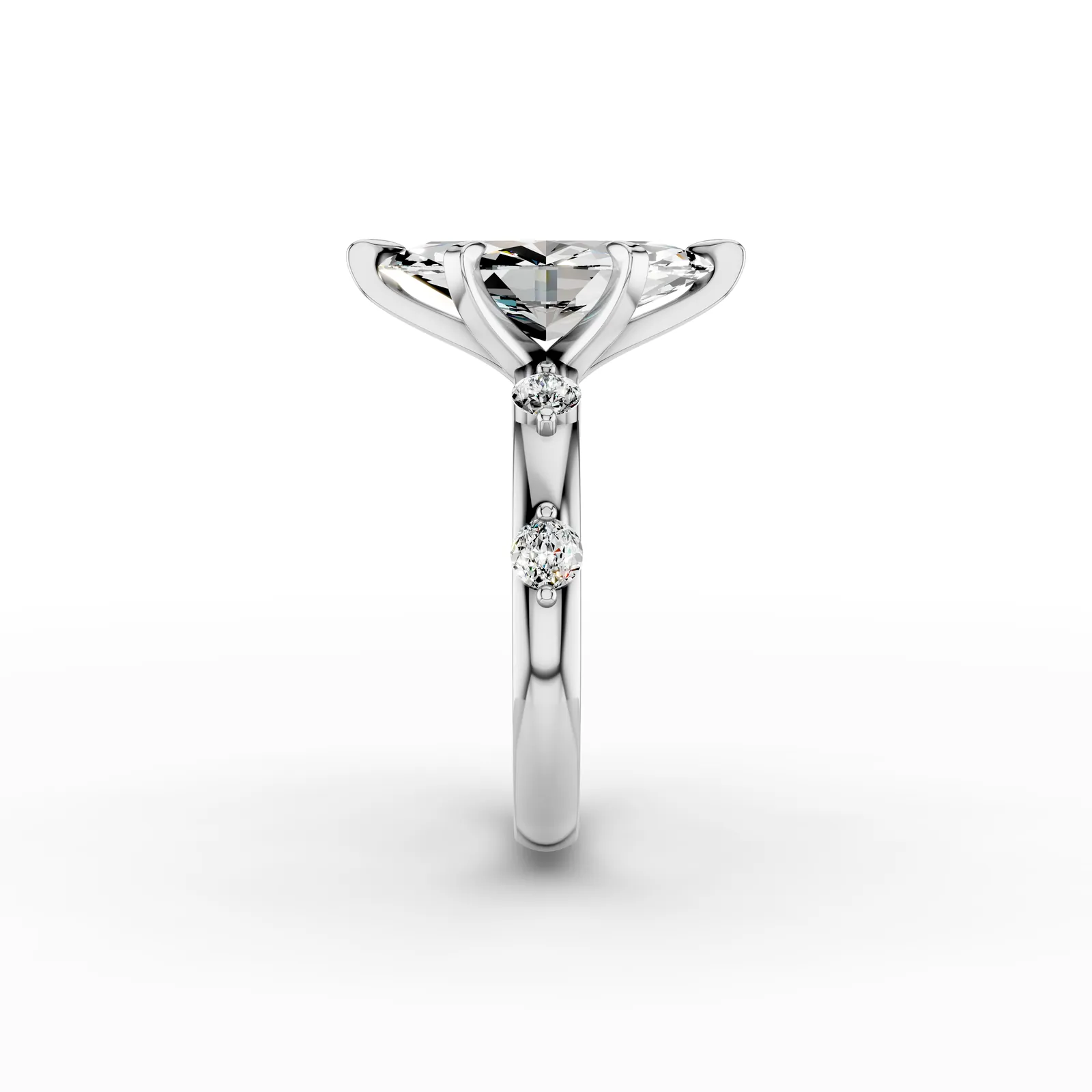 Marquise Side Stone Ring in 18K White Gold, 3 ct marquise diamond in six claws with round diamonds along the band, side profile