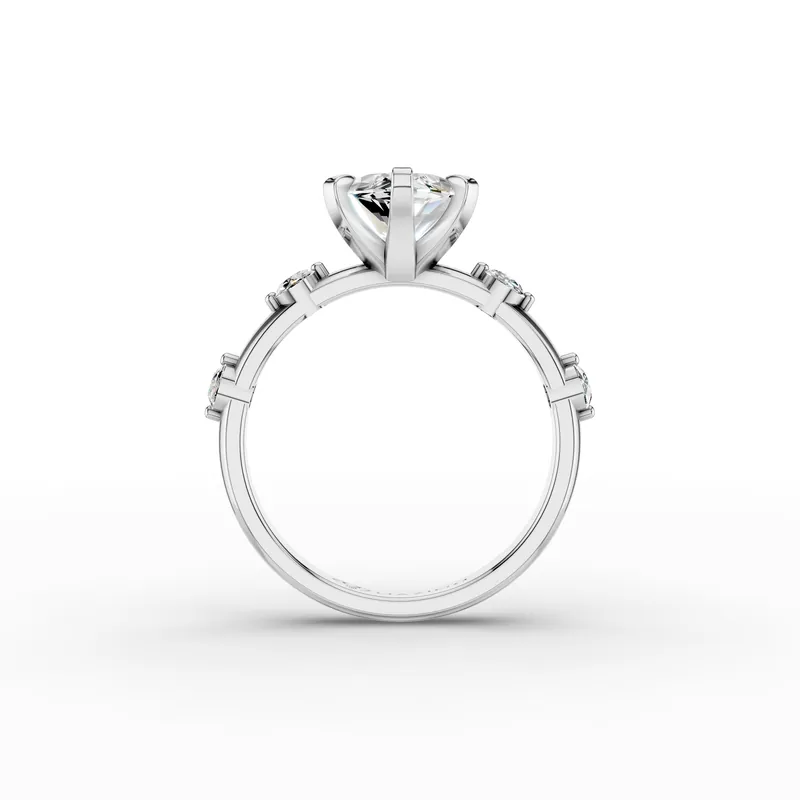 Marquise Side Stone Ring in 18K White Gold, 3 ct marquise diamond in six claws with round diamonds along the band, front view