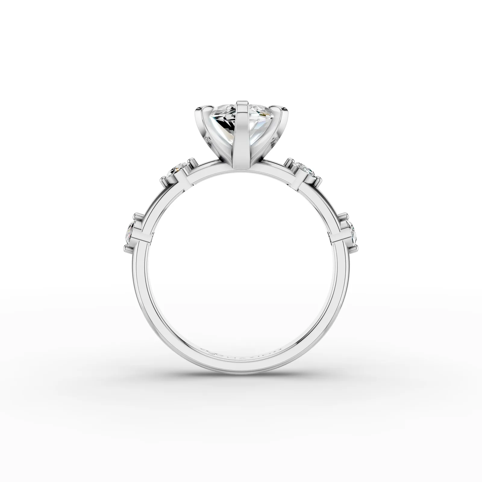 Marquise Side Stone Ring in 18K White Gold, 3 ct marquise diamond in six claws with round diamonds along the band, front view