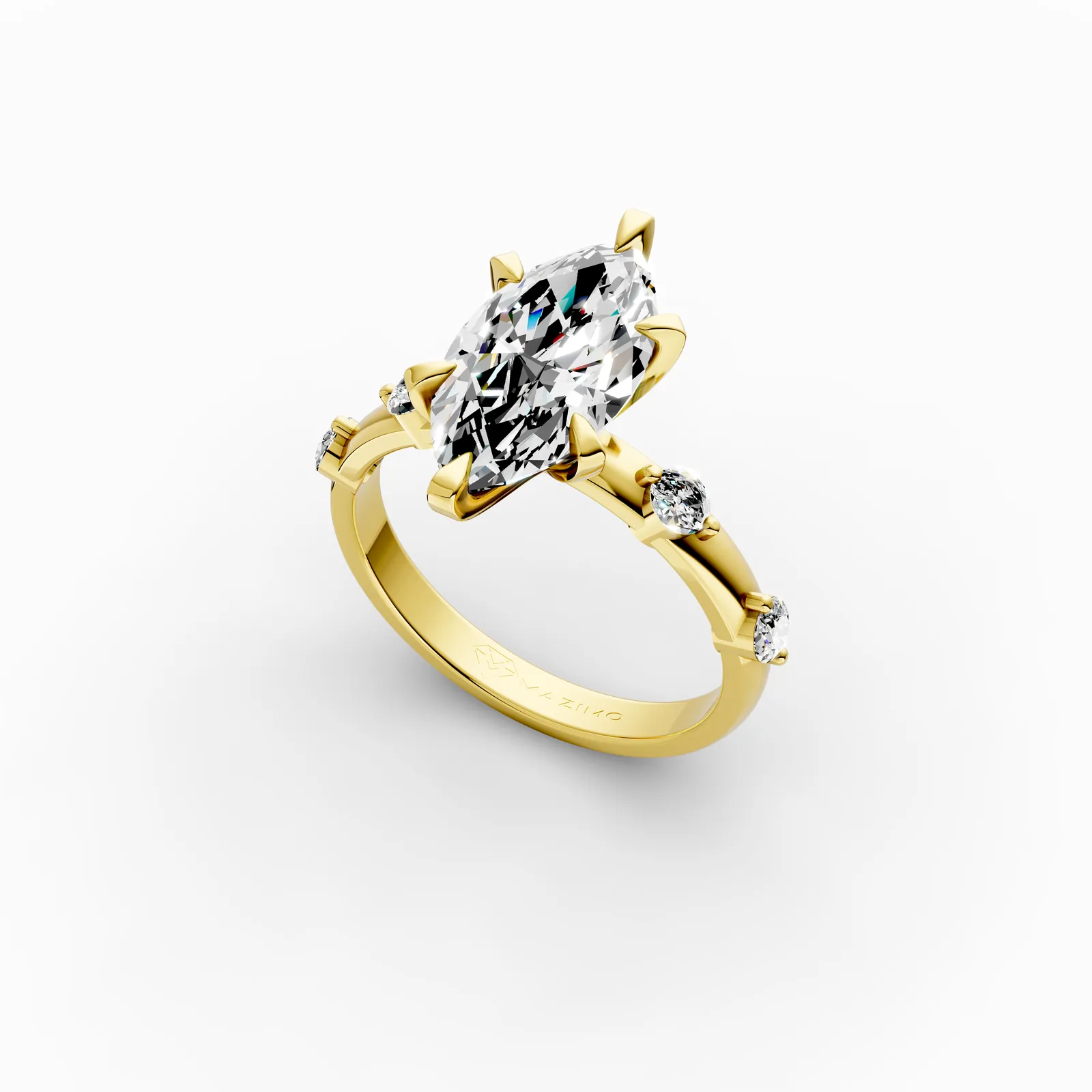 Marquise Side Stone Ring in 18K Yellow Gold, 3 ct marquise diamond in six claws with round diamonds along the band, angled view