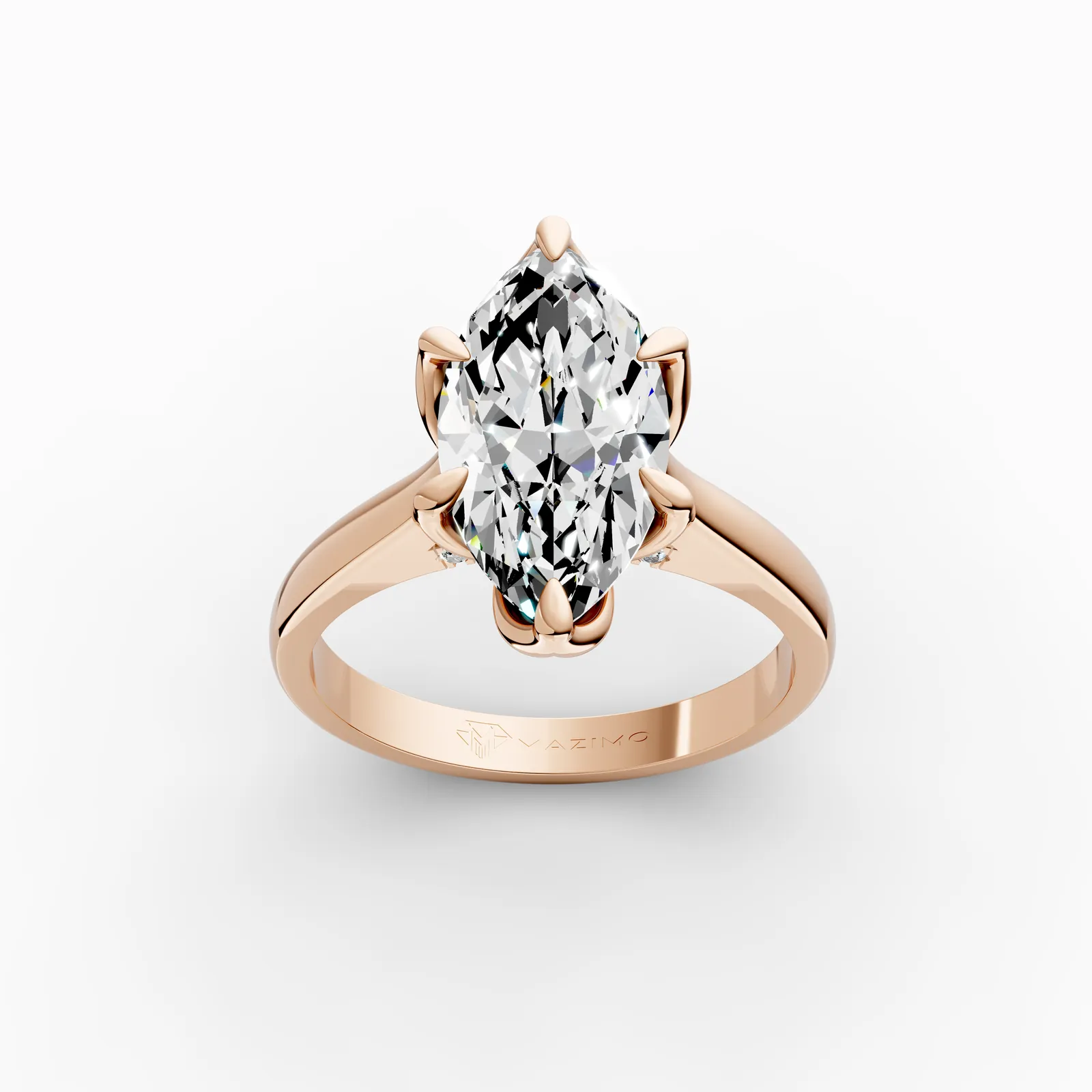 Marquise Tulip Pavé Solitaire Ring in 18K Rose Gold, 3 ct marquise diamond in tulip-shaped claws with diamonds beneath, three-quarter view