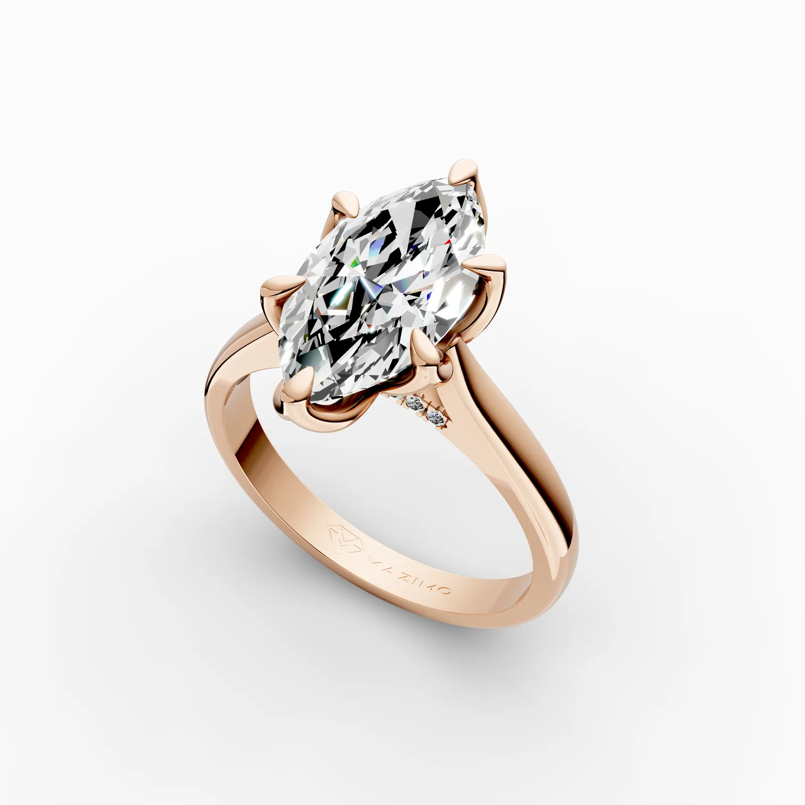 Marquise Tulip Pavé Solitaire Ring in 18K Rose Gold, 3 ct marquise diamond in tulip-shaped claws with diamonds beneath, angled view