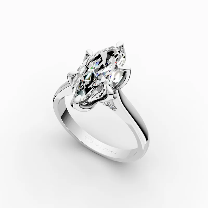 Marquise Tulip Pavé Solitaire Ring in 18K White Gold, 3 ct marquise diamond in tulip-shaped claws with diamonds beneath, angled view