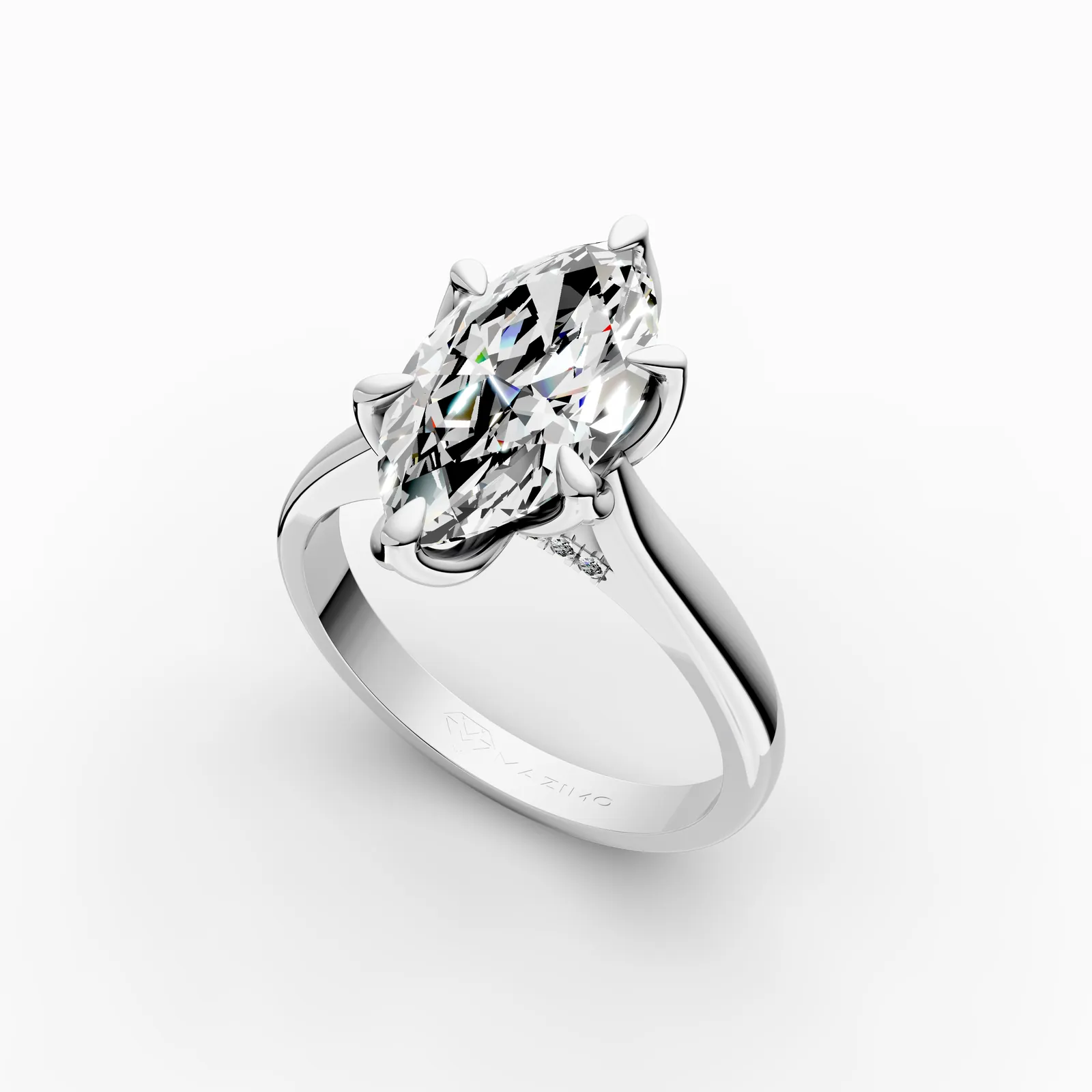Marquise Tulip Pavé Solitaire Ring in 18K White Gold, 3 ct marquise diamond in tulip-shaped claws with diamonds beneath, angled view