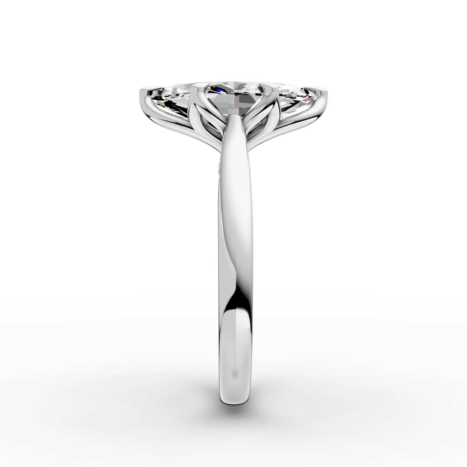 Marquise Tulip Pavé Solitaire Ring in 18K White Gold, 3 ct marquise diamond in tulip-shaped claws with diamonds beneath, side profile