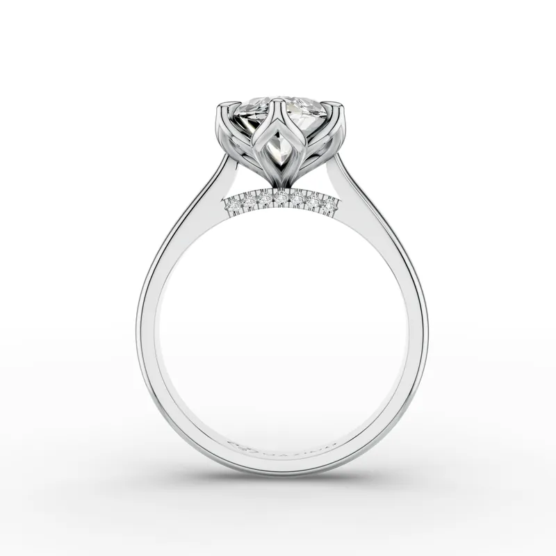 Marquise Tulip Pavé Solitaire Ring in 18K White Gold, 3 ct marquise diamond in tulip-shaped claws with diamonds beneath, front view