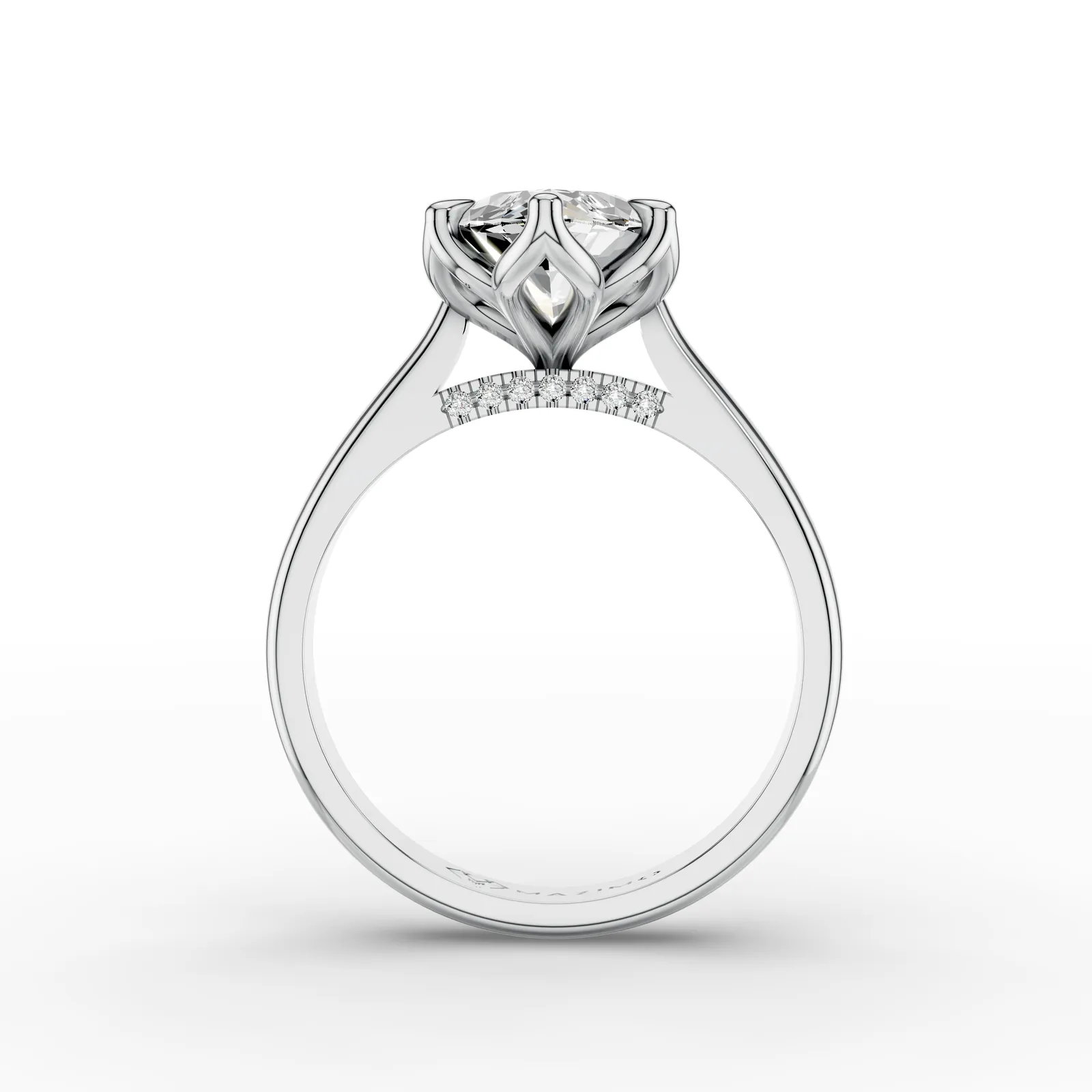 Marquise Tulip Pavé Solitaire Ring in 18K White Gold, 3 ct marquise diamond in tulip-shaped claws with diamonds beneath, front view