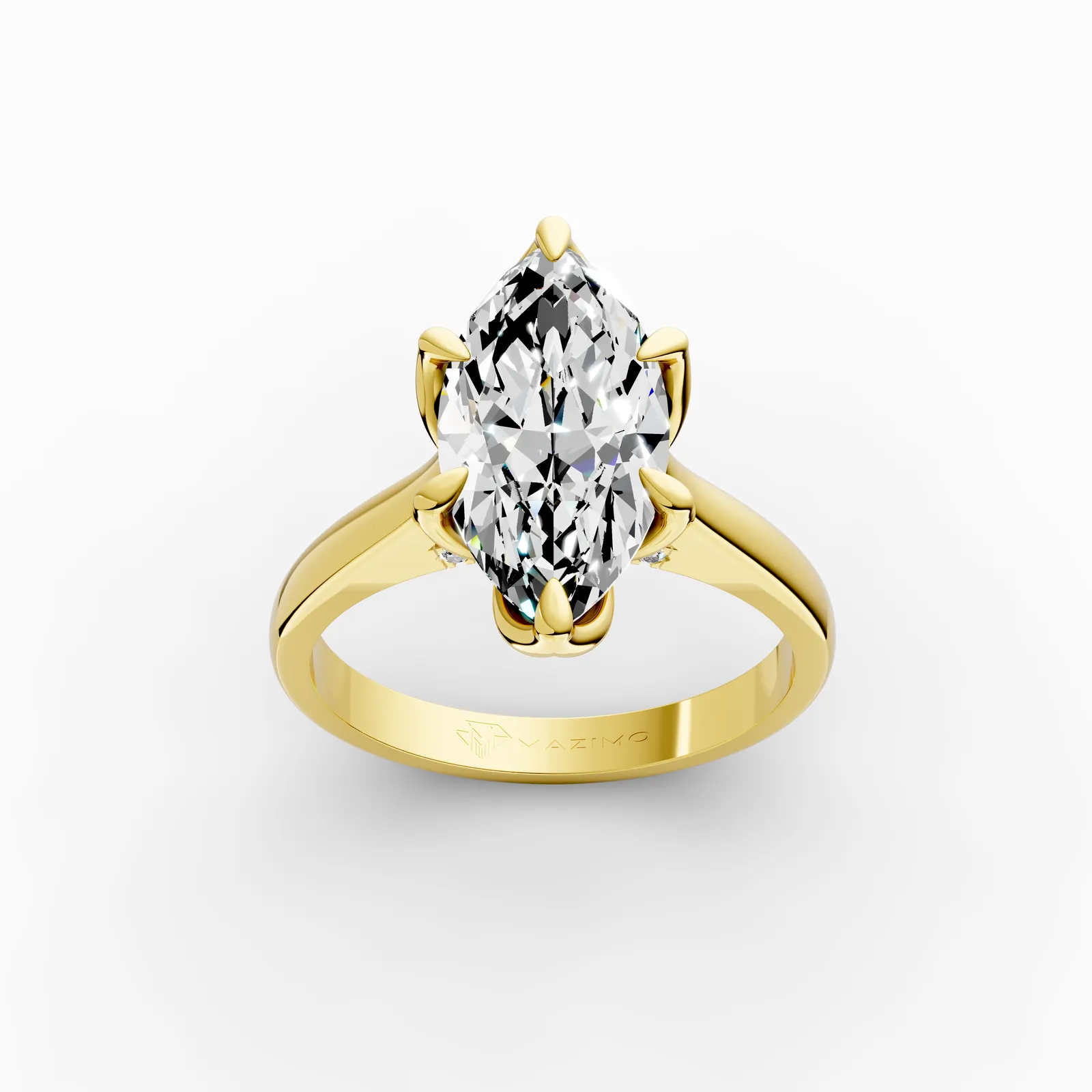 Marquise Tulip Pavé Solitaire Ring in 18K Yellow Gold, 3 ct marquise diamond in tulip-shaped claws with diamonds beneath, three-quarter view