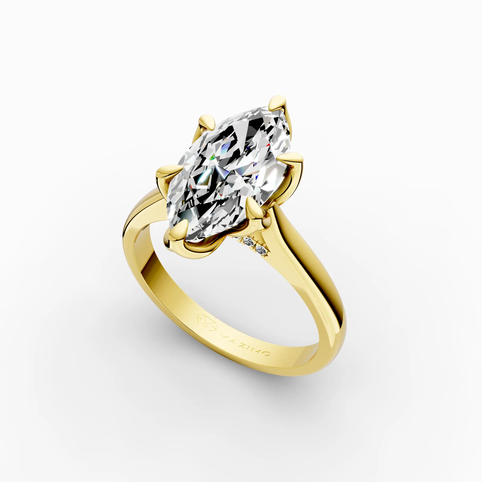 Marquise Tulip Pavé Solitaire Ring in 18K Yellow Gold, 3 ct marquise diamond in tulip-shaped claws with diamonds beneath, angled view
