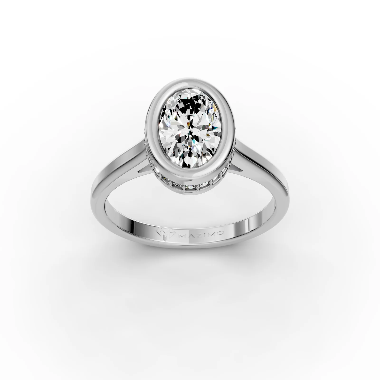 Oval Bezel Solitaire Ring in 18K White Gold, 1.5 ct oval diamond in a bezel with a ring of small diamonds below, three-quarter view
