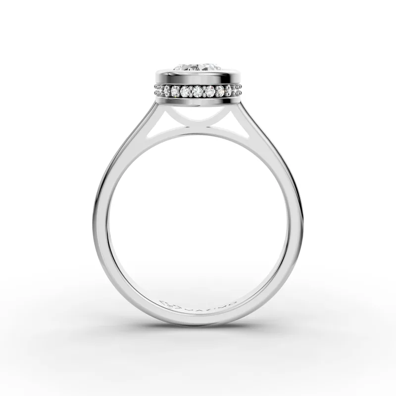 Oval Bezel Solitaire Ring in 18K White Gold, 1.5 ct oval diamond in a bezel with a ring of small diamonds below, front view