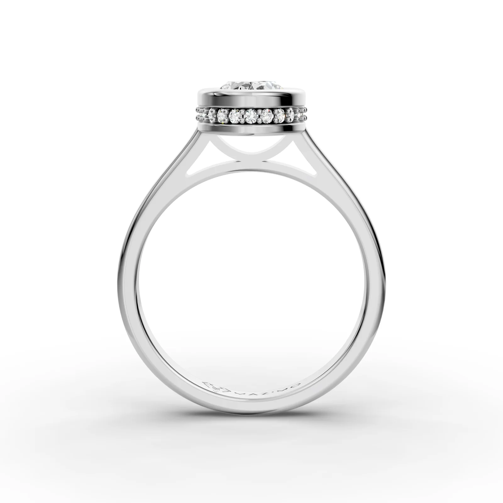 Oval Bezel Solitaire Ring in 18K White Gold, 1.5 ct oval diamond in a bezel with a ring of small diamonds below, front view