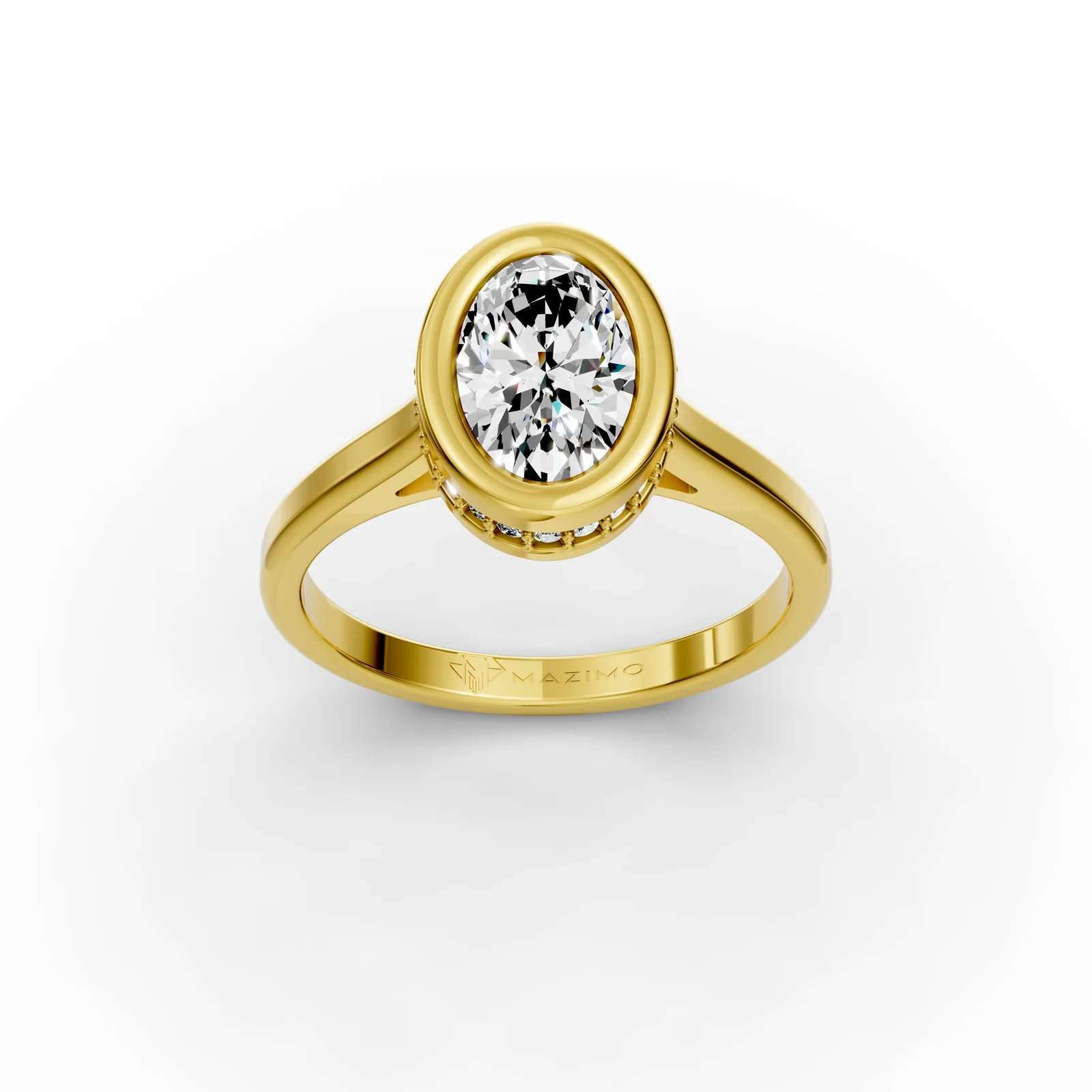 Oval Bezel Solitaire Ring in 18K Yellow Gold, 1.5 ct oval diamond in a bezel with a ring of small diamonds below, three-quarter view