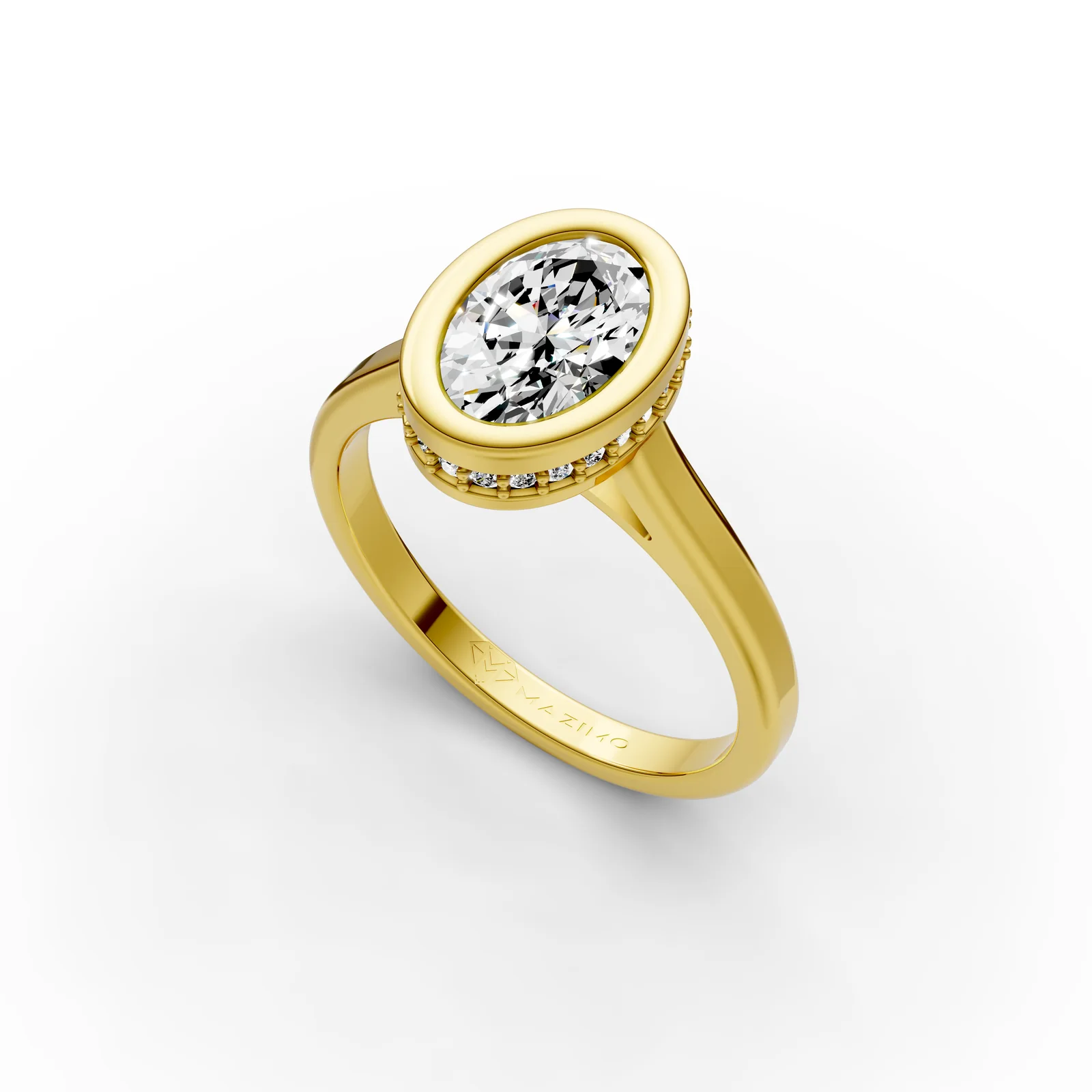 Oval Bezel Solitaire Ring in 18K Yellow Gold, 1.5 ct oval diamond in a bezel with a ring of small diamonds below, angled view