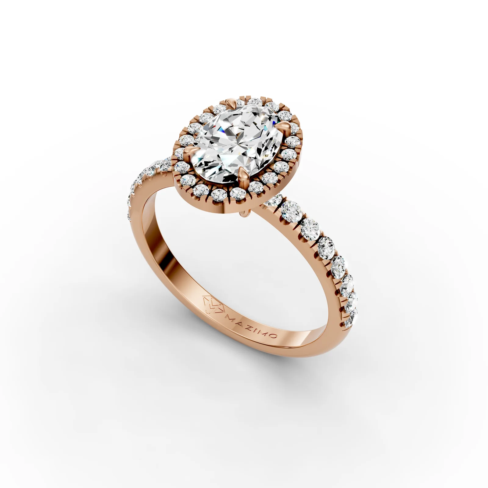 Oval Bold Halo Pavé Ring in 18K Rose Gold, angled view