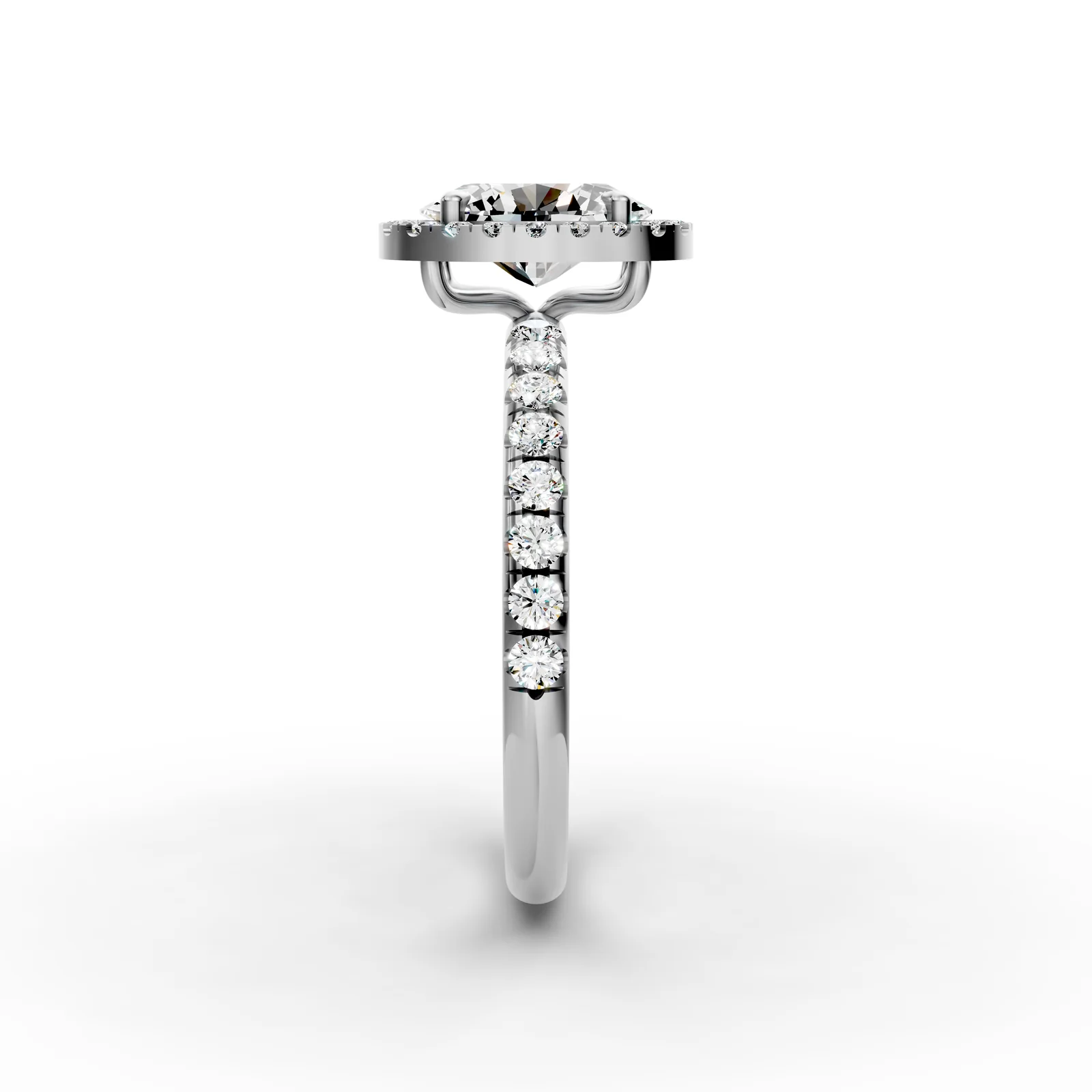 Oval Bold Halo Pavé Ring in 18K White Gold, side profile
