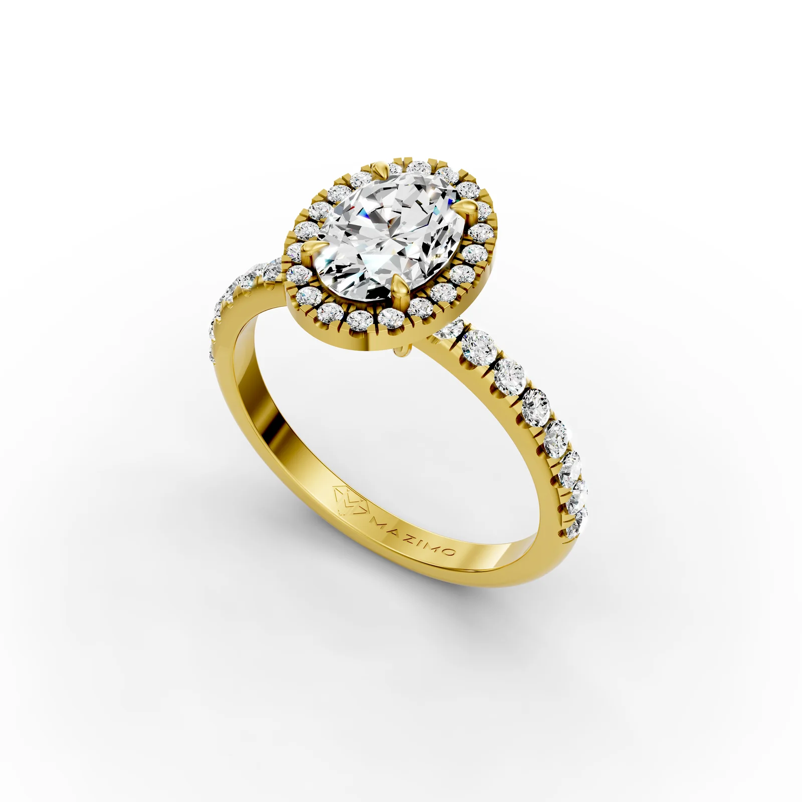 Oval Bold Halo Pavé Ring in 18K Yellow Gold, angled view