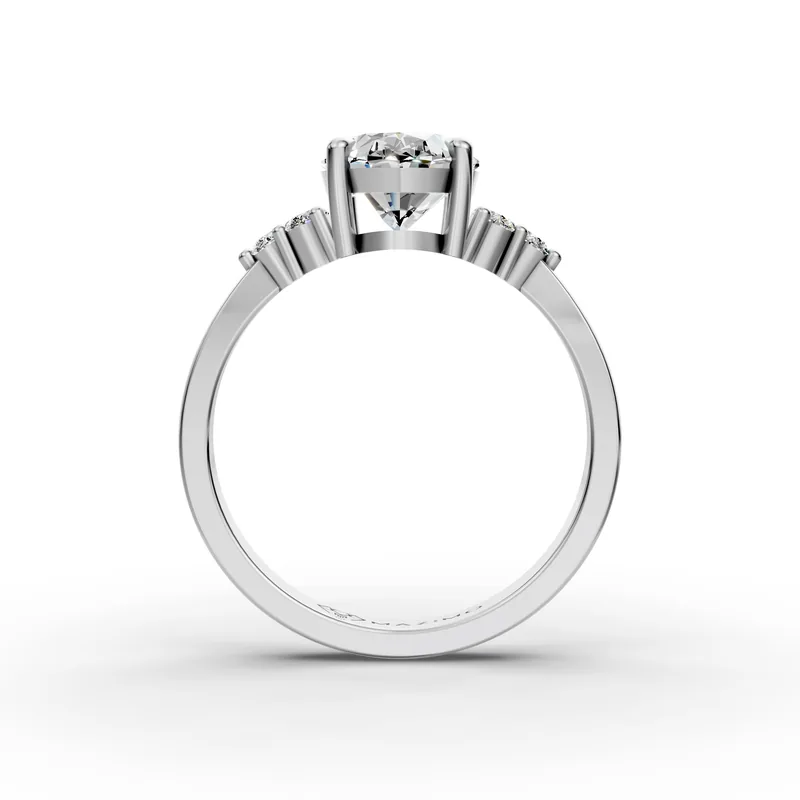 Oval Cluster Ring in white gold seen from the front through the band, the centre diamond held high in claws with the small round diamonds lower on each shoulder