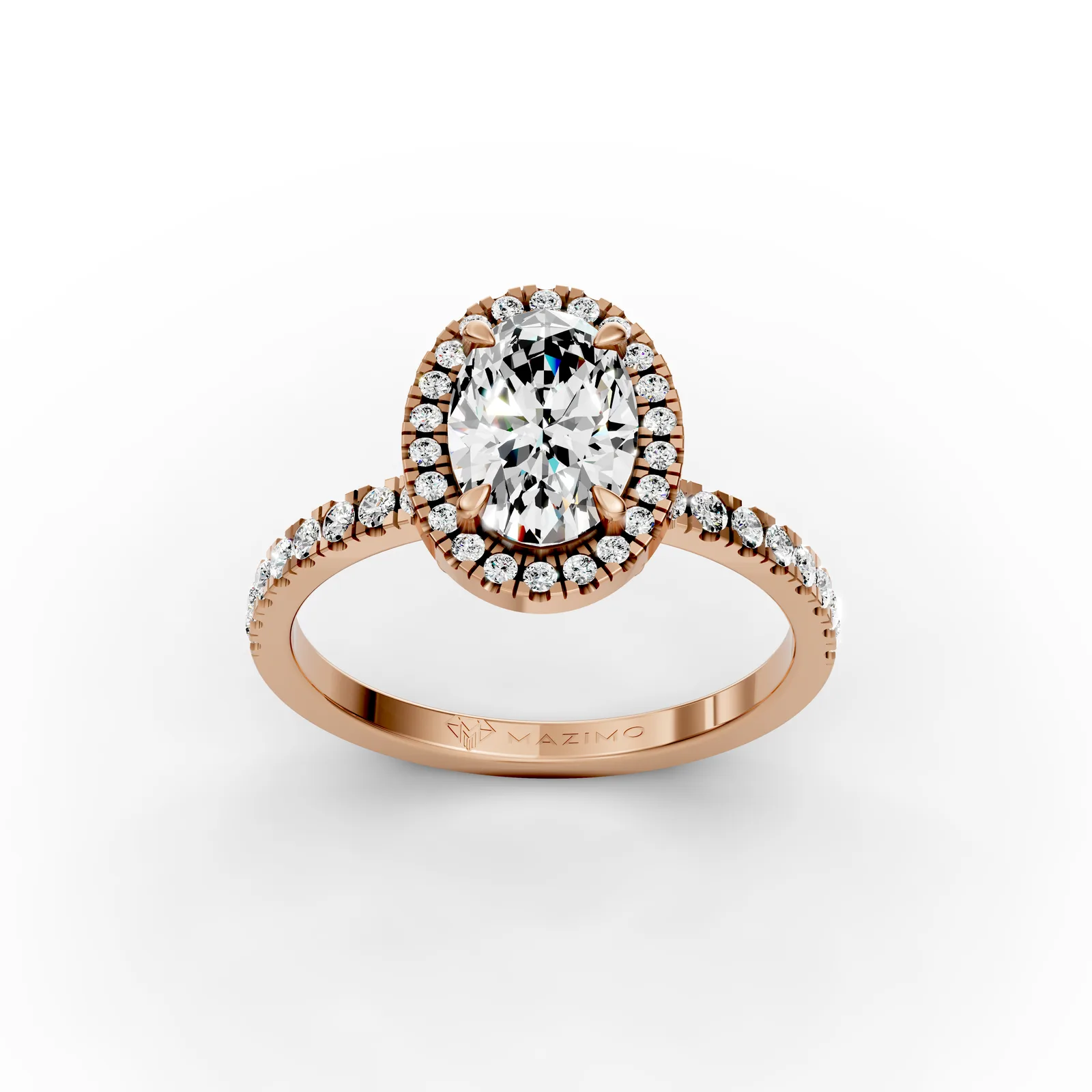 Oval Halo Pavé Ring in 18K Rose Gold, three-quarter view
