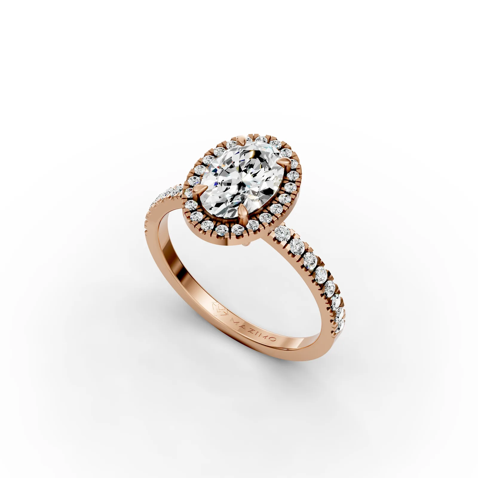 Oval Halo Pavé Ring in 18K Rose Gold, angled view