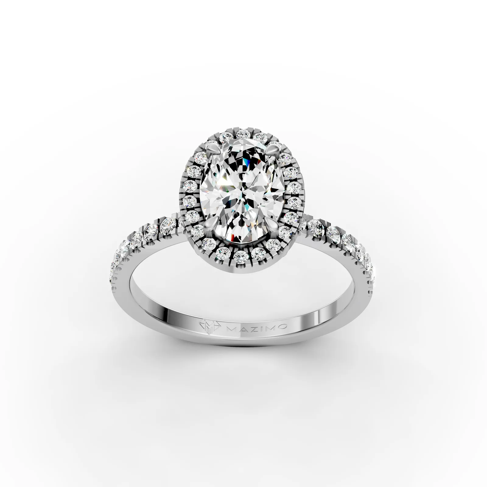 Oval Halo Pavé Ring in 18K White Gold, three-quarter view