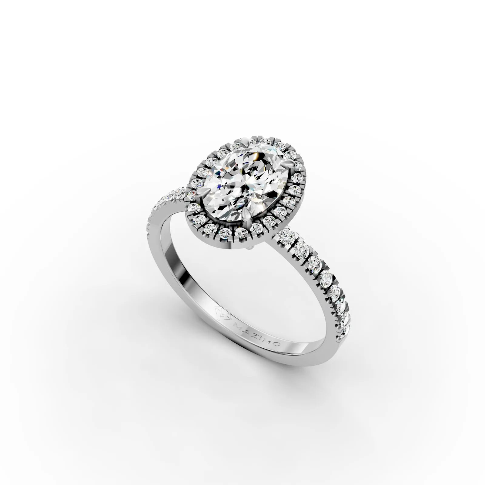 Oval Halo Pavé Ring in 18K White Gold, angled view