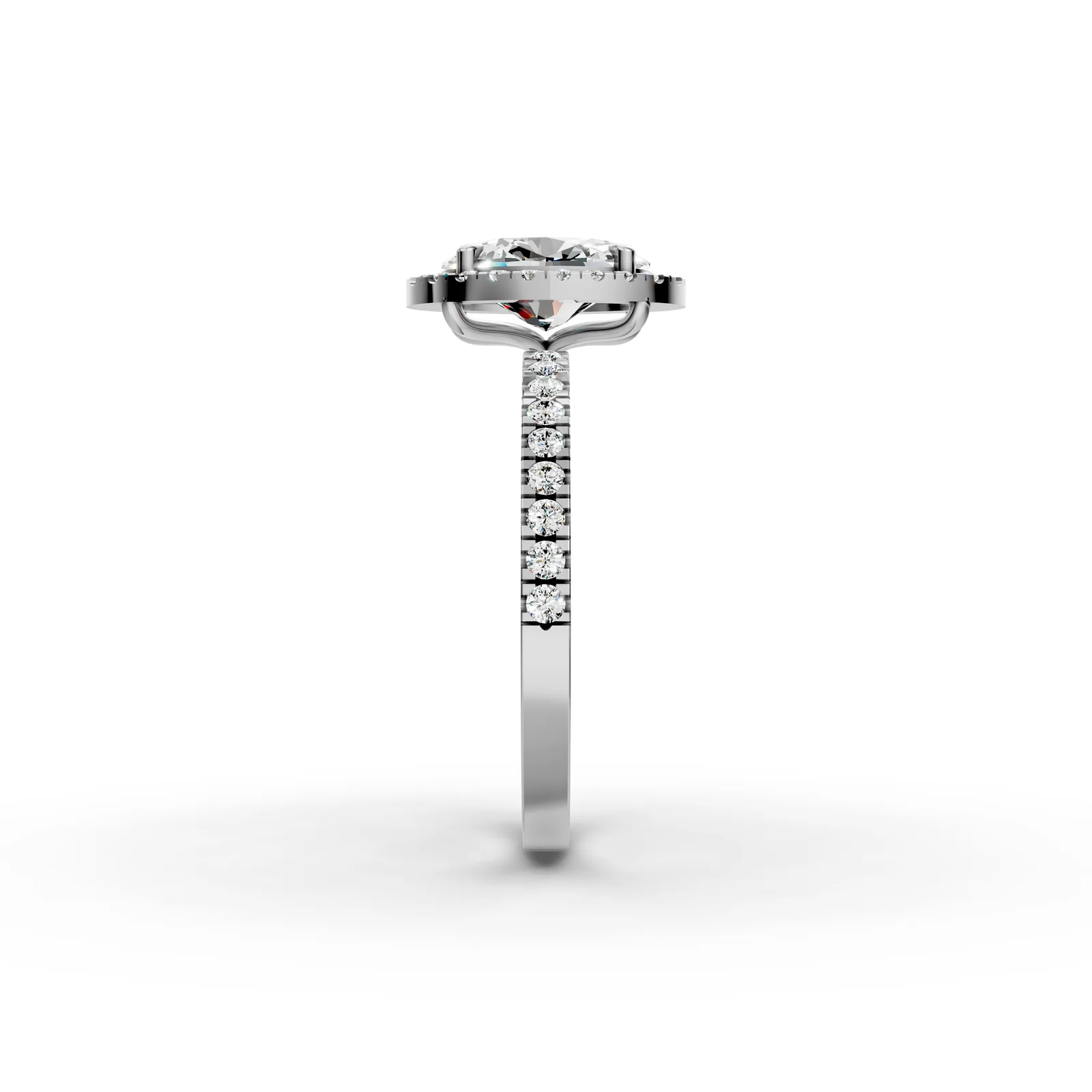 Oval Halo Pavé Ring in 18K White Gold, side profile