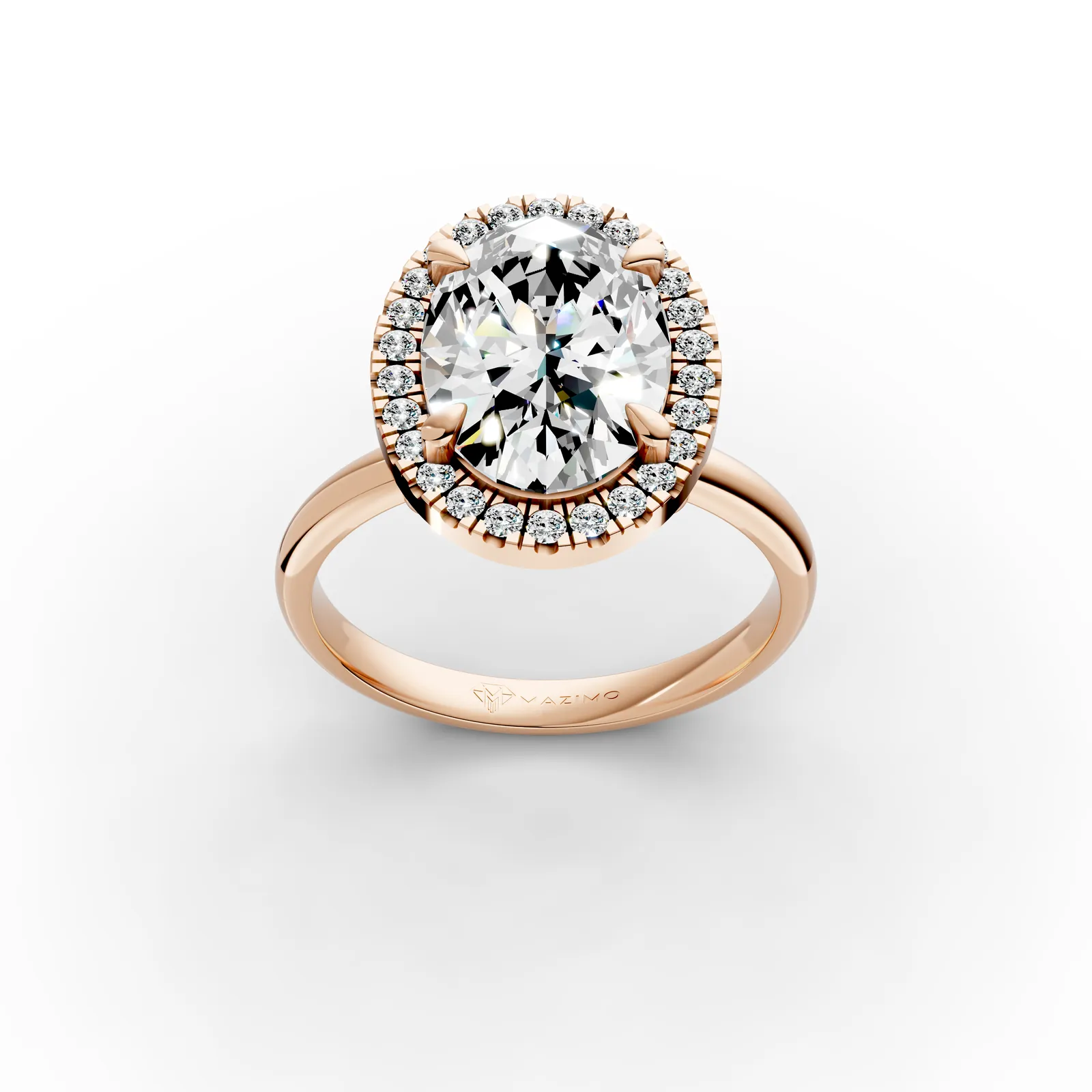 Oval Halo Solitaire Ring in 18K Rose Gold, 2.5 ct oval diamond in four claws with a diamond halo on a plain band, three-quarter view