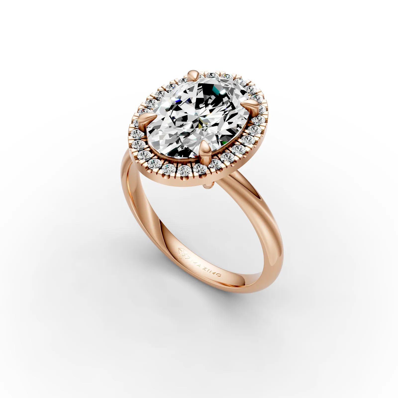 Oval Halo Solitaire Ring in 18K Rose Gold, 2.5 ct oval diamond in four claws with a diamond halo on a plain band, angled view