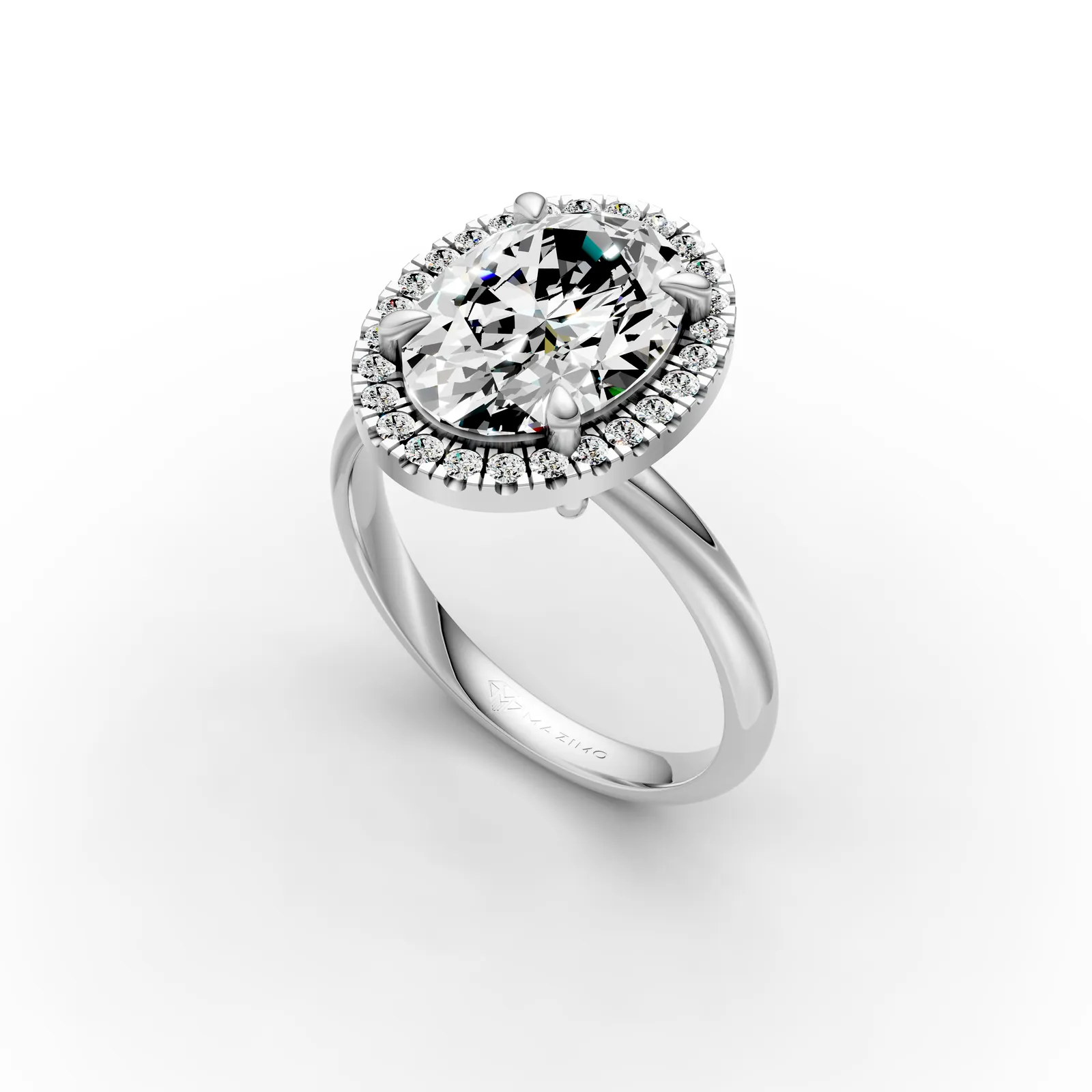 Oval Halo Solitaire Ring in 18K White Gold, 2.5 ct oval diamond in four claws with a diamond halo on a plain band, angled view