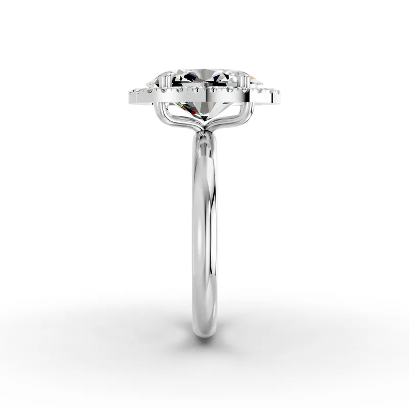 Oval Halo Solitaire Ring in 18K White Gold, 2.5 ct oval diamond in four claws with a diamond halo on a plain band, side profile