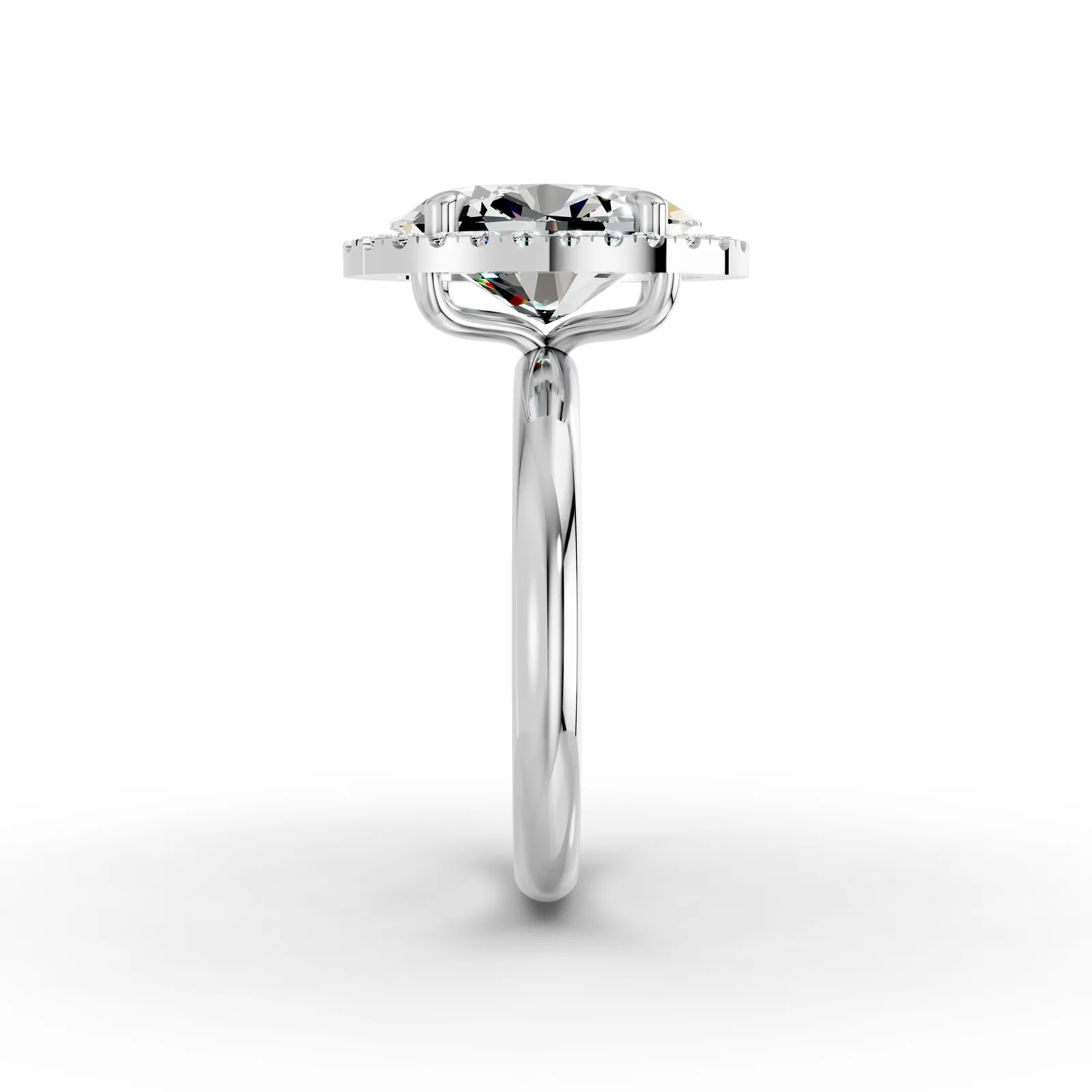 Oval Halo Solitaire Ring in 18K White Gold, 2.5 ct oval diamond in four claws with a diamond halo on a plain band, side profile