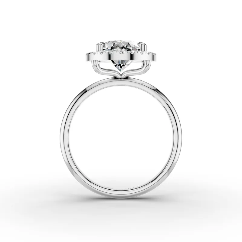 Oval Halo Solitaire Ring in 18K White Gold, 2.5 ct oval diamond in four claws with a diamond halo on a plain band, front view