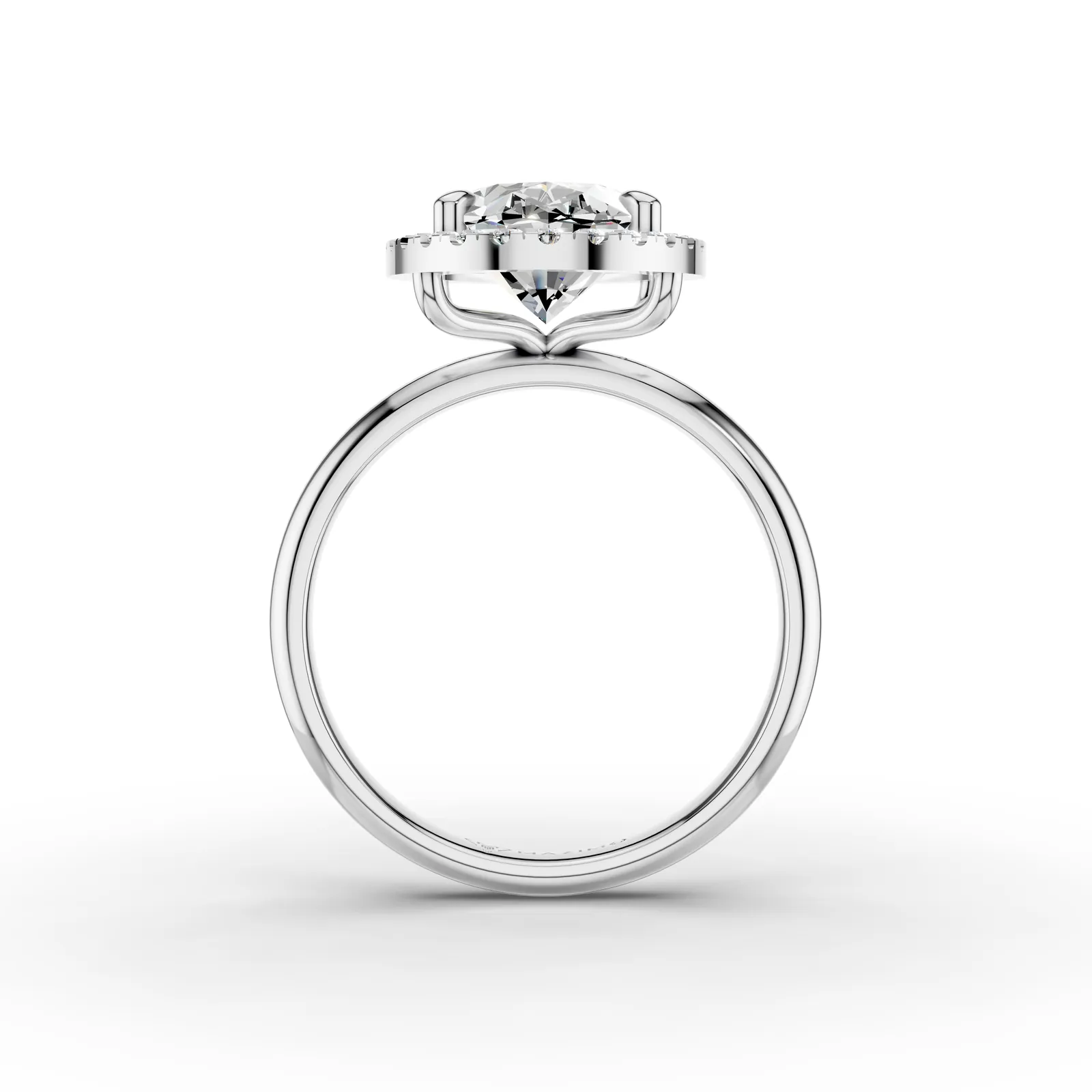 Oval Halo Solitaire Ring in 18K White Gold, 2.5 ct oval diamond in four claws with a diamond halo on a plain band, front view