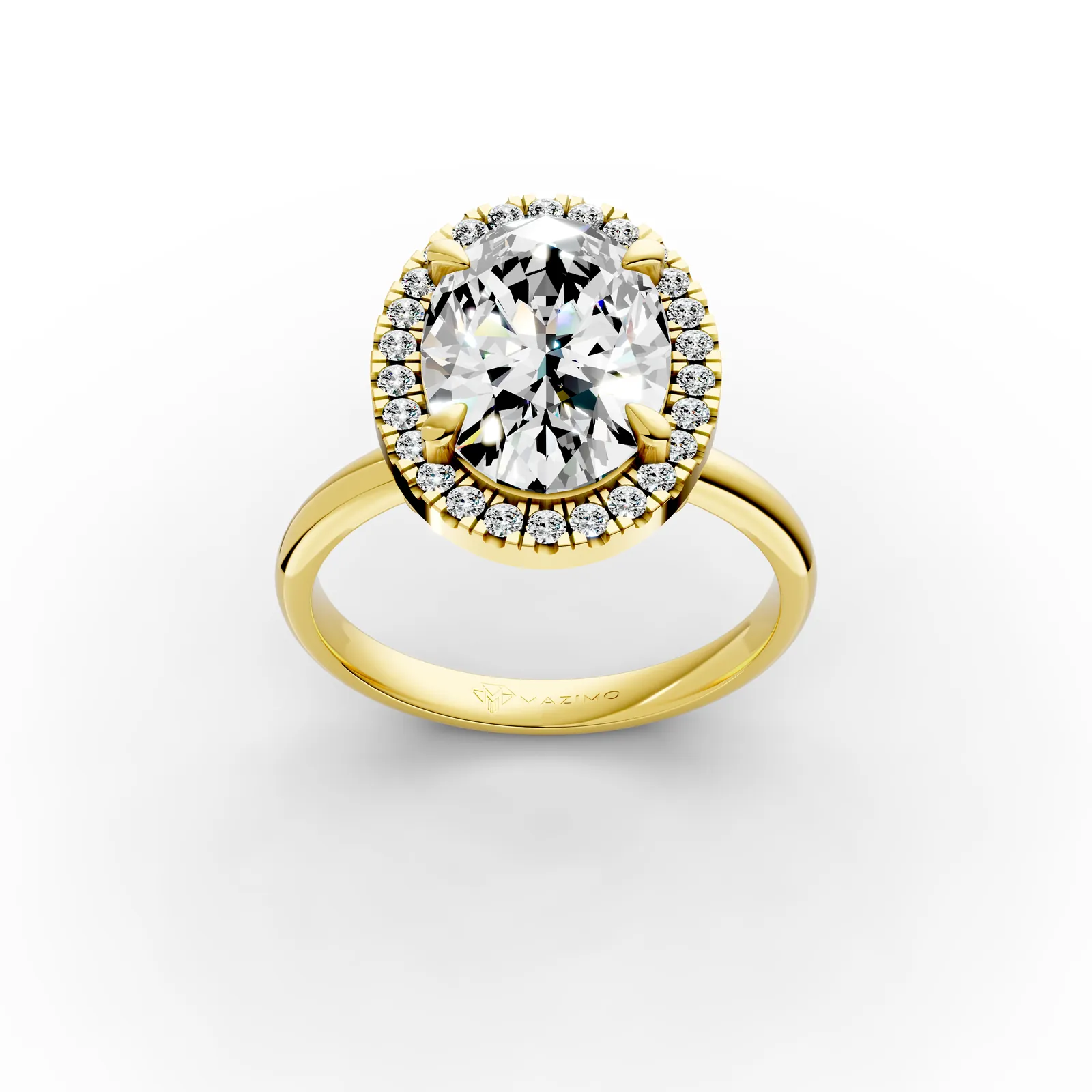 Oval Halo Solitaire Ring in 18K Yellow Gold, 2.5 ct oval diamond in four claws with a diamond halo on a plain band, three-quarter view