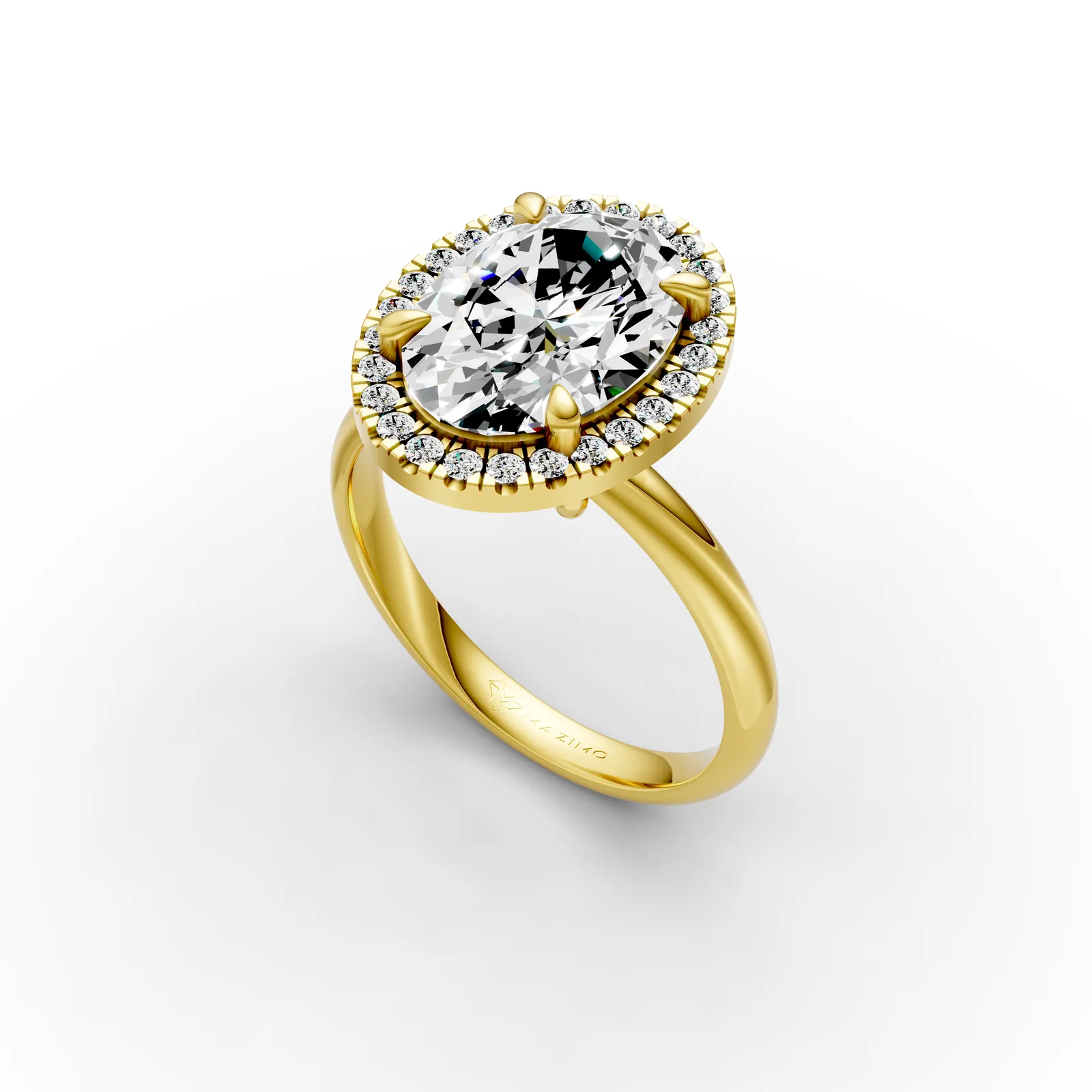 Oval Halo Solitaire Ring in 18K Yellow Gold, 2.5 ct oval diamond in four claws with a diamond halo on a plain band, angled view