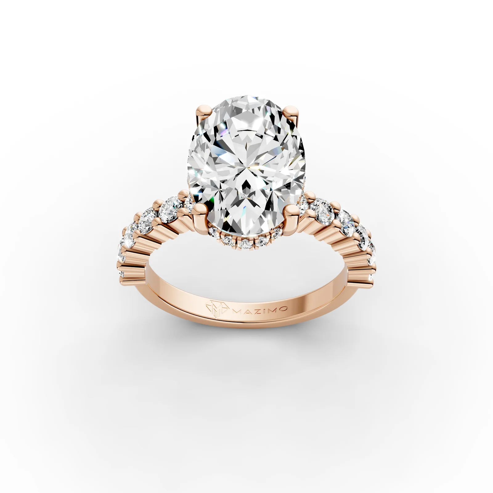 Oval Hidden Halo Shoulders Ring in 18K Rose Gold, 3.5 ct oval diamond with round diamonds along the band, three-quarter view