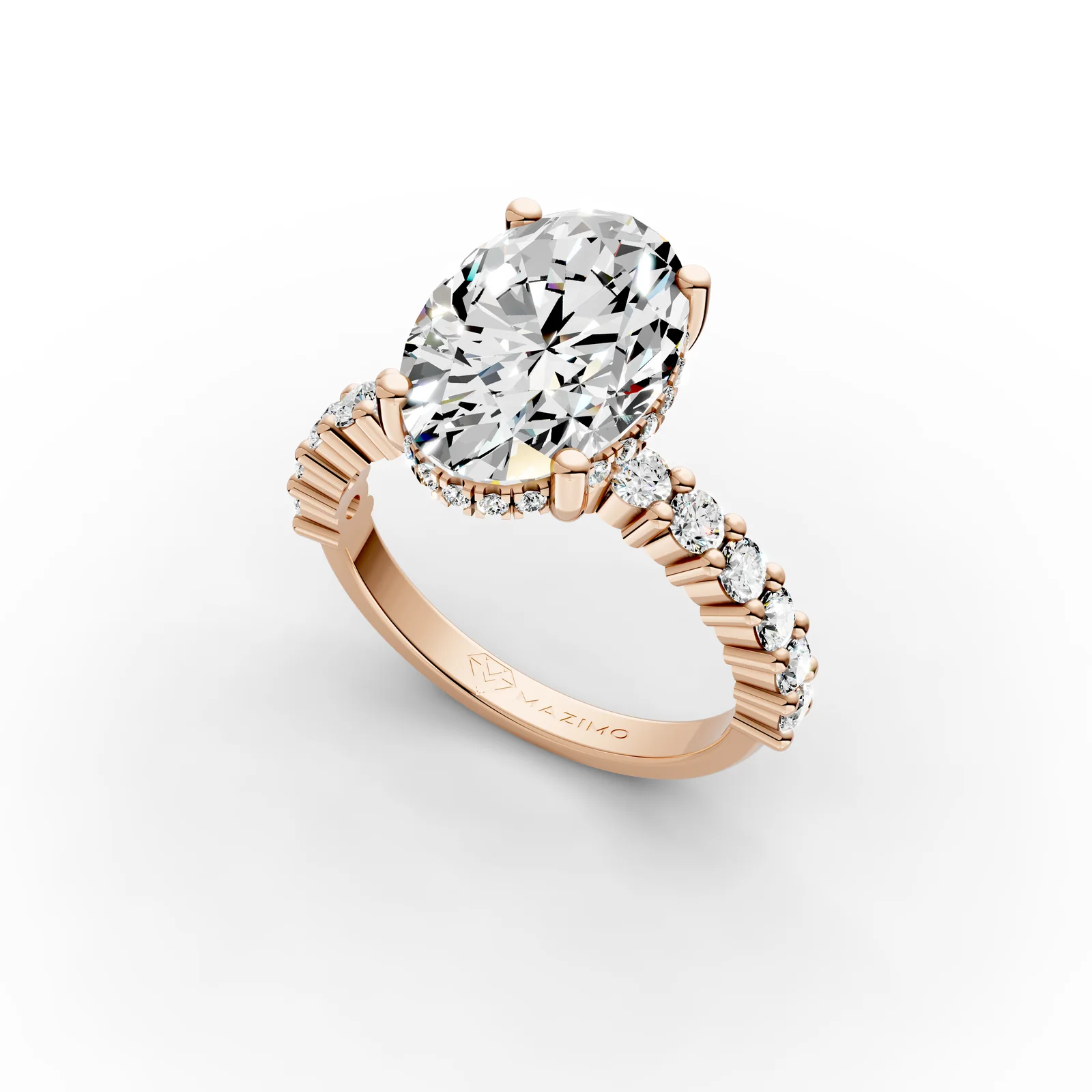 Oval Hidden Halo Shoulders Ring in 18K Rose Gold, 3.5 ct oval diamond with round diamonds along the band, angled view