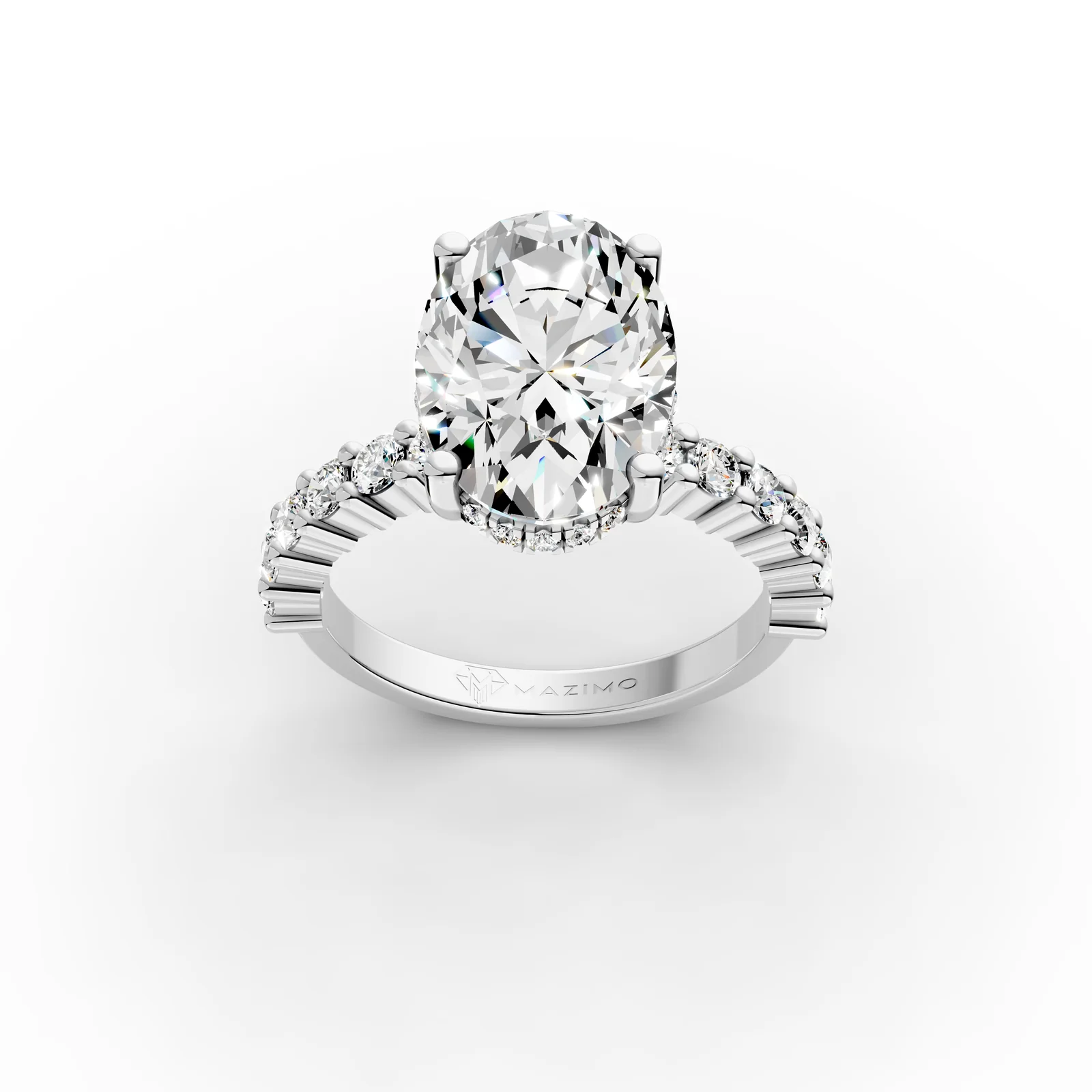 Oval Hidden Halo Shoulders Ring in 18K White Gold, 3.5 ct oval diamond with round diamonds along the band, three-quarter view
