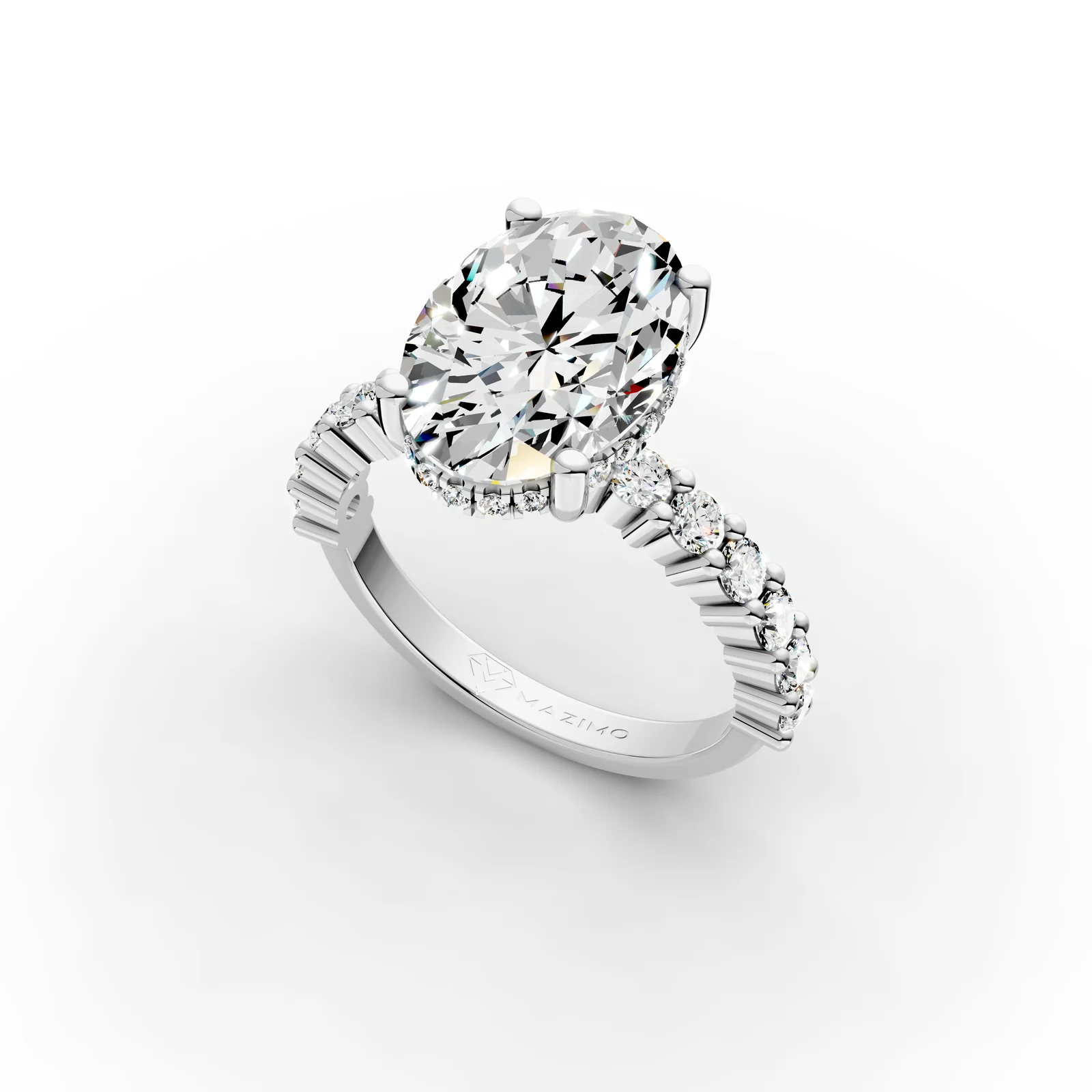 Oval Hidden Halo Shoulders Ring in 18K White Gold, 3.5 ct oval diamond with round diamonds along the band, angled view