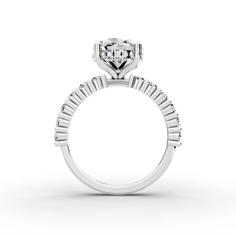 Oval Hidden Halo Shoulders Ring in 18K White Gold, 3.5 ct oval diamond with round diamonds along the band, front view