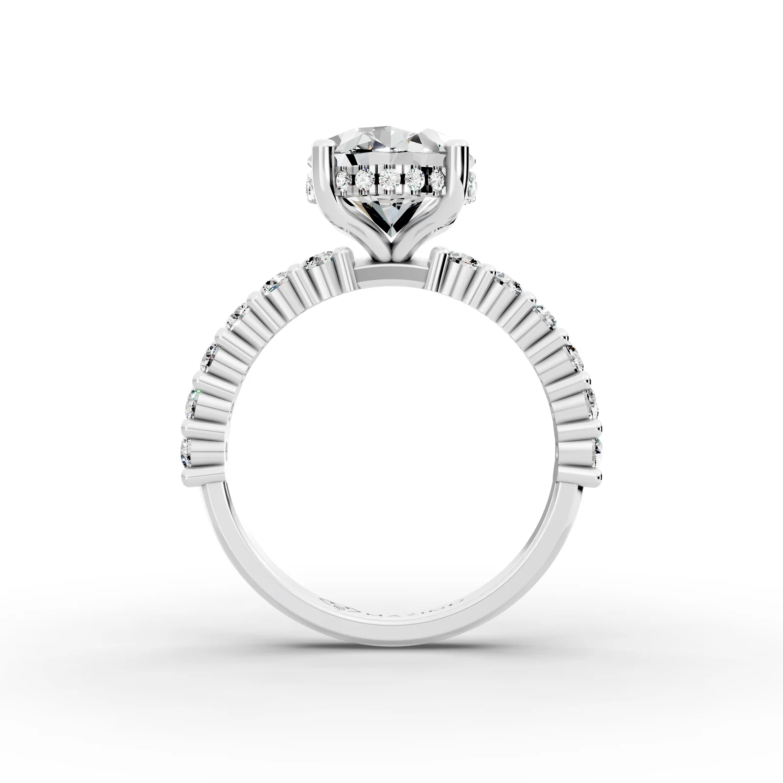 Oval Hidden Halo Shoulders Ring in 18K White Gold, 3.5 ct oval diamond with round diamonds along the band, front view
