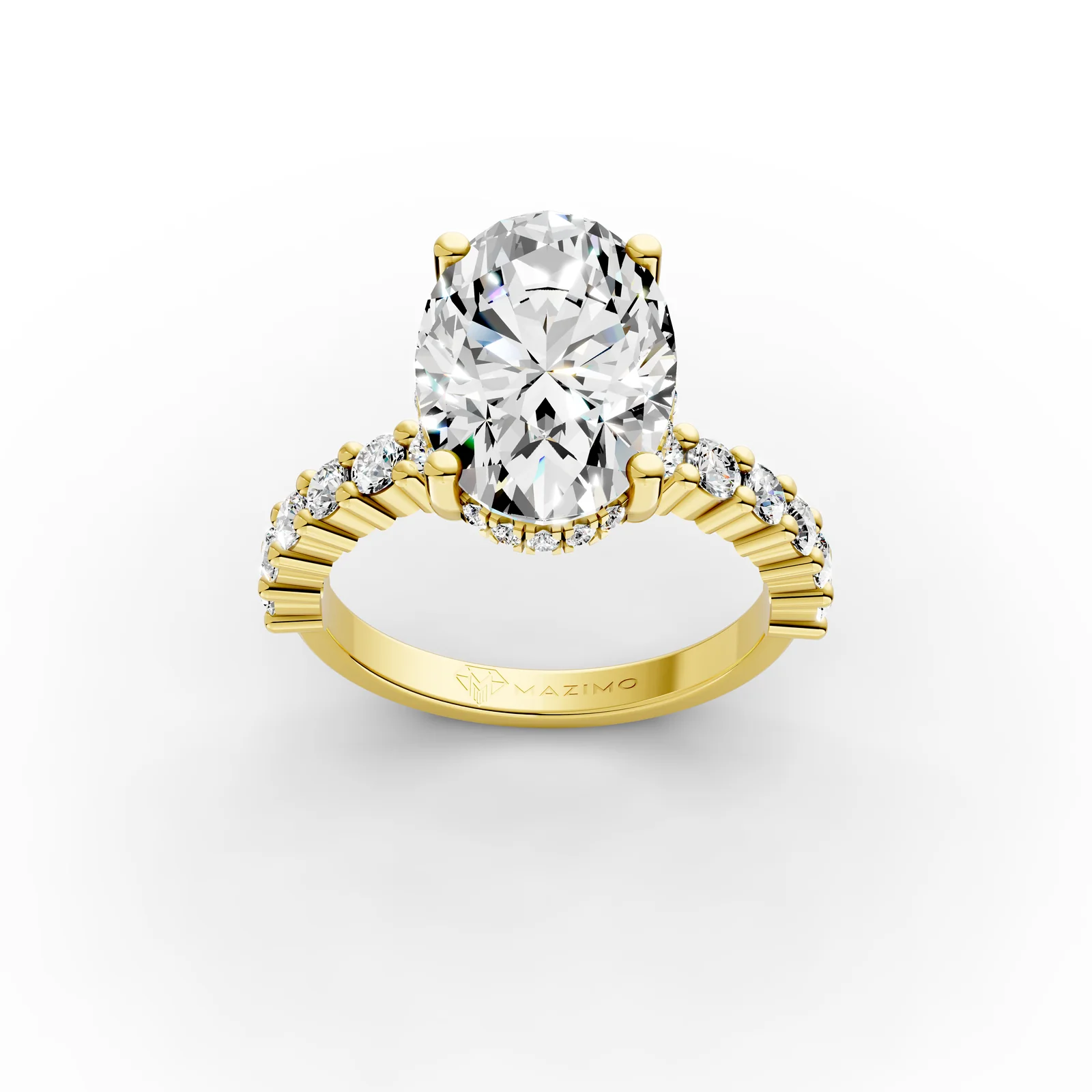 Oval Hidden Halo Shoulders Ring in 18K Yellow Gold, 3.5 ct oval diamond with round diamonds along the band, three-quarter view