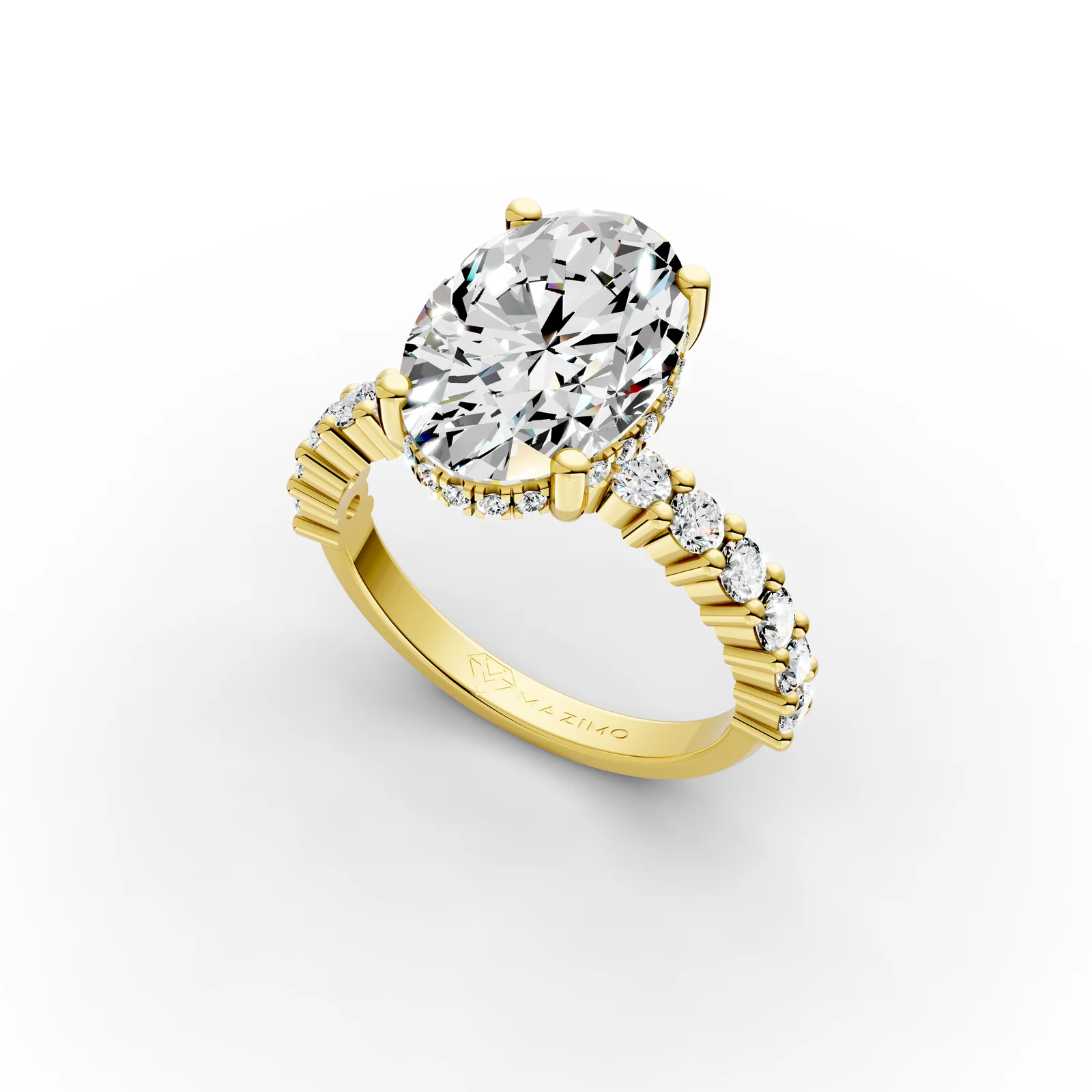 Oval Hidden Halo Shoulders Ring in 18K Yellow Gold, 3.5 ct oval diamond with round diamonds along the band, angled view